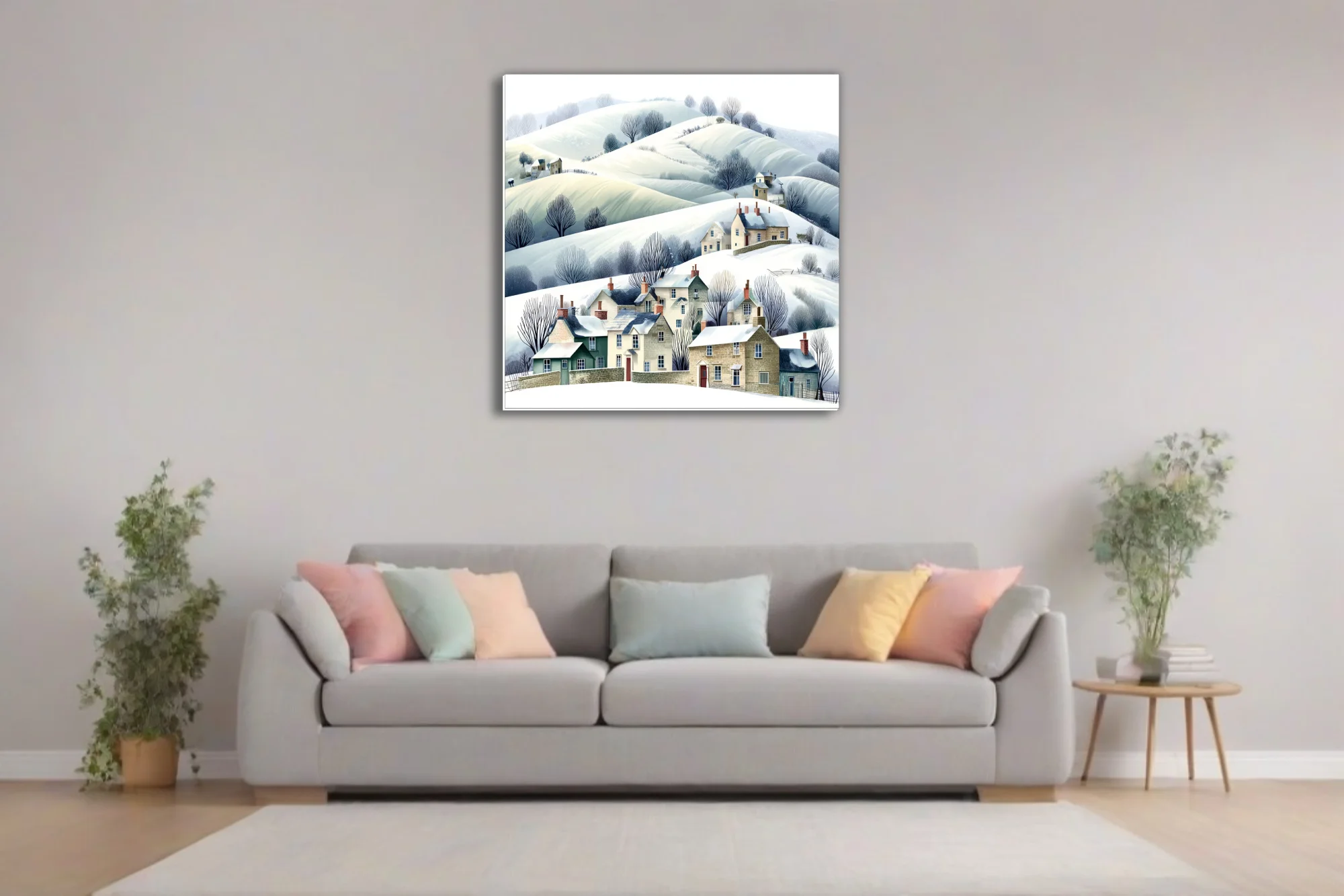 Watercolor-style winter village illustration, snow-covered hills, bare trees, stone cottages