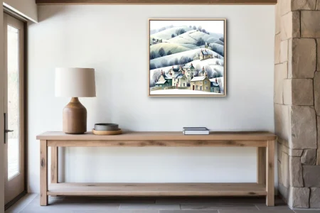 Watercolor-style winter village illustration, snow-covered hills, bare trees, stone cottages