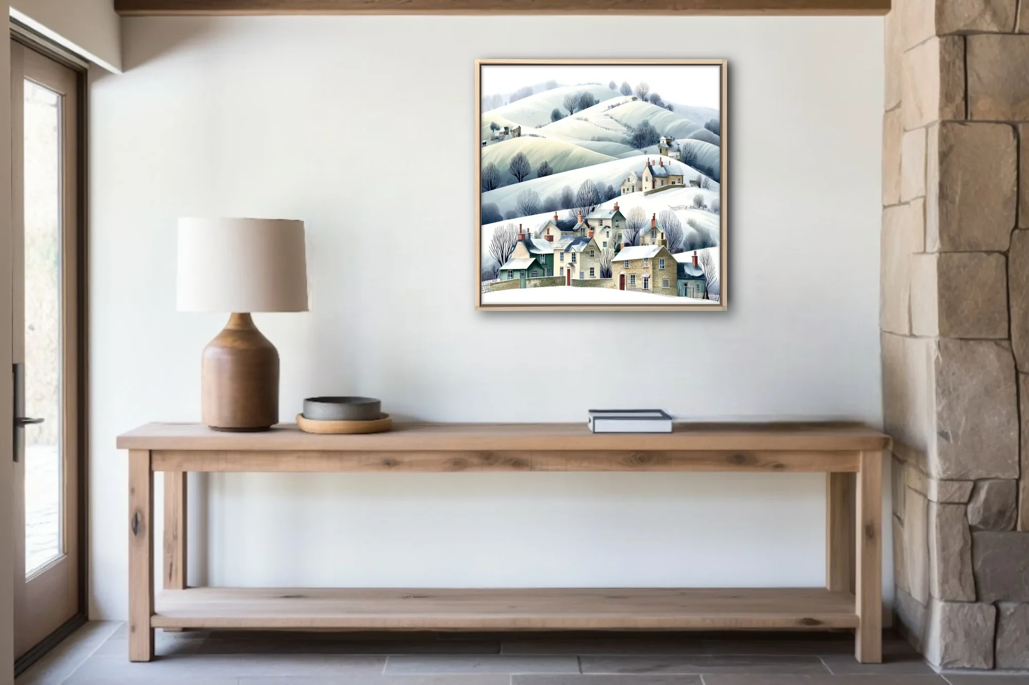 Watercolor-style winter village illustration, snow-covered hills, bare trees, stone cottages