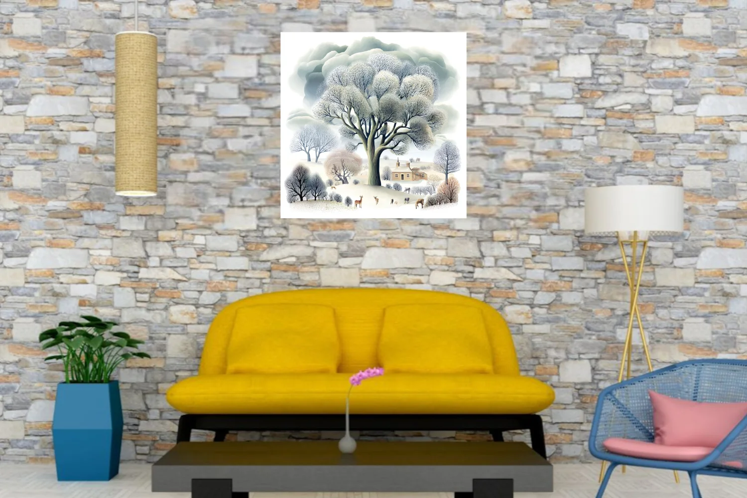 Folk-style winter countryside illustration, bare trees and snow, muted grey and cream palette