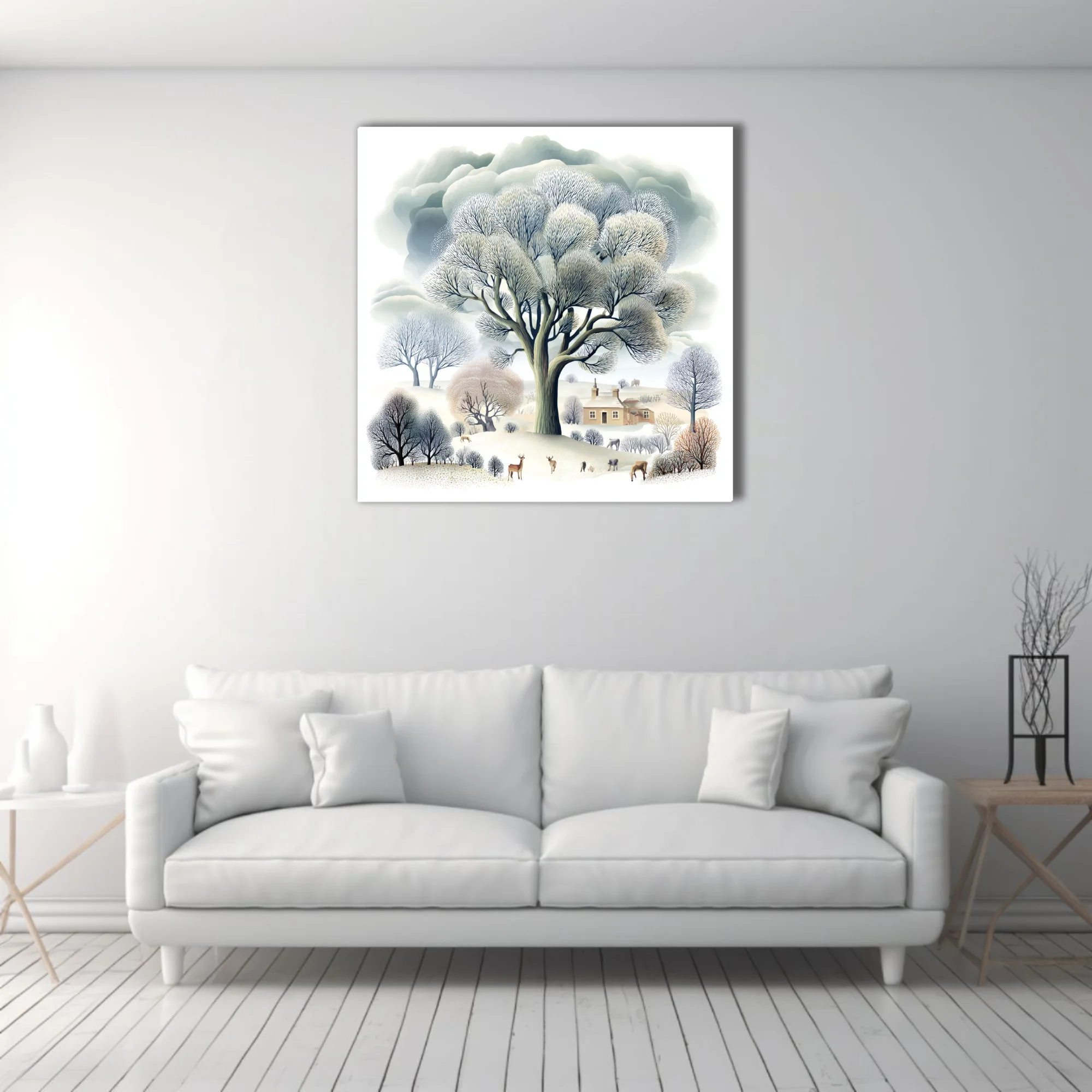 Folk-style winter countryside illustration, bare trees and snow, muted grey and cream palette