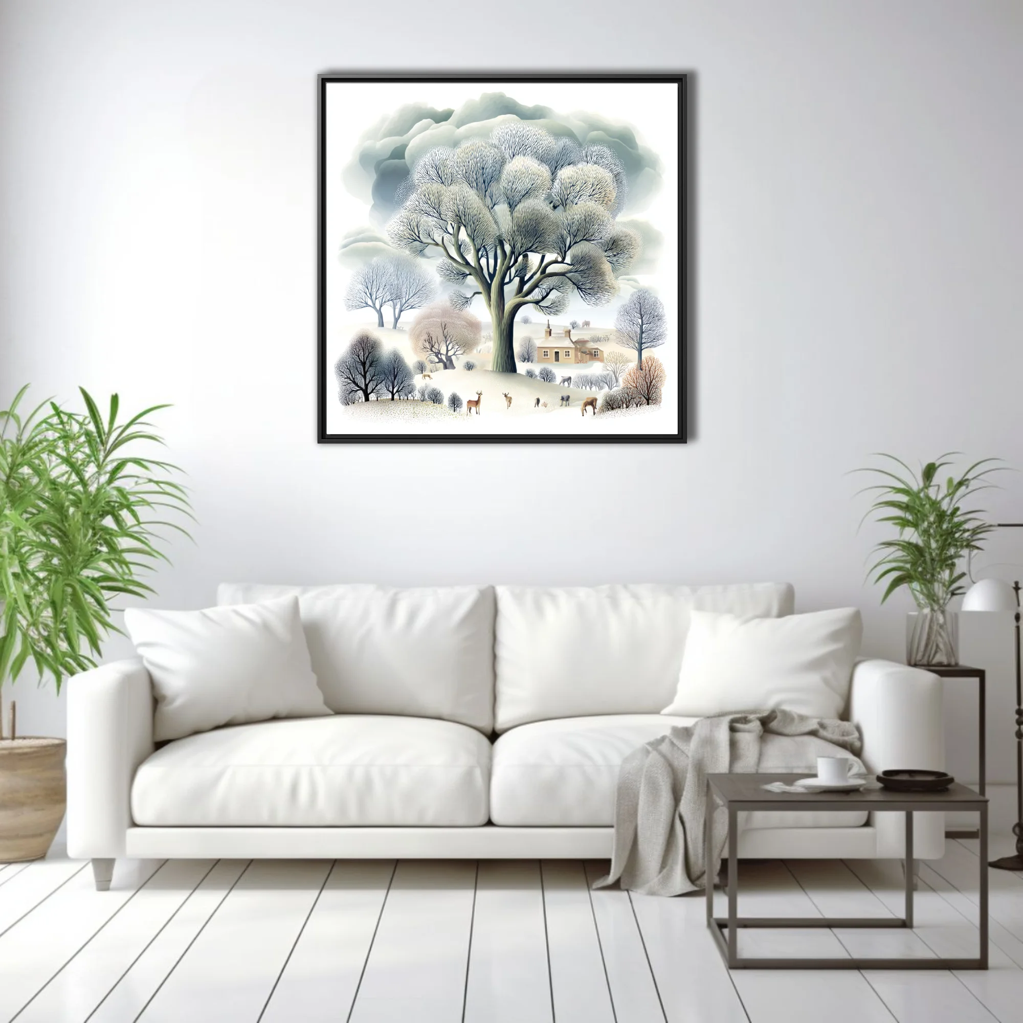 Folk-style winter countryside illustration, bare trees and snow, muted grey and cream palette