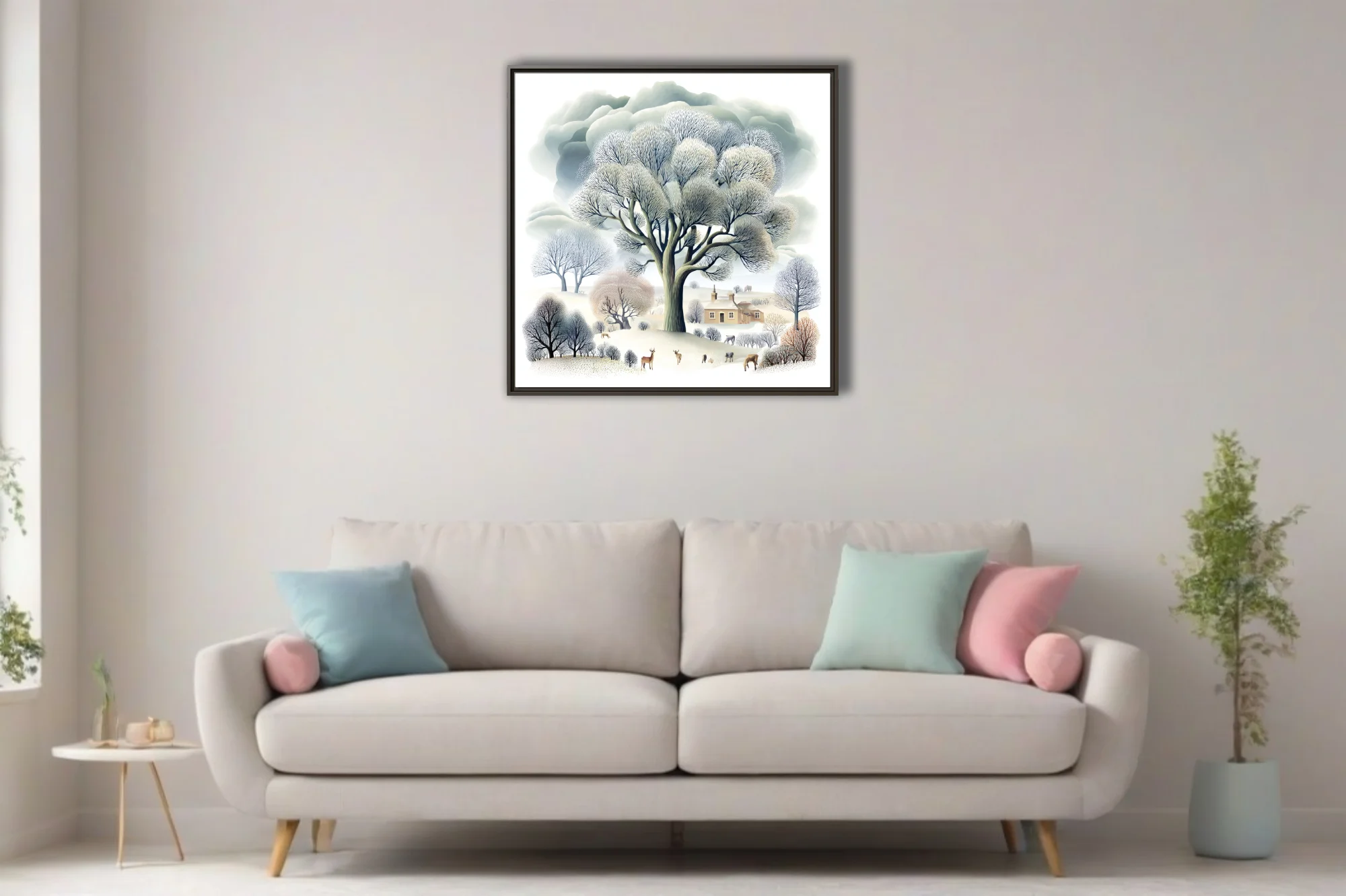 Folk-style winter countryside illustration, bare trees and snow, muted grey and cream palette