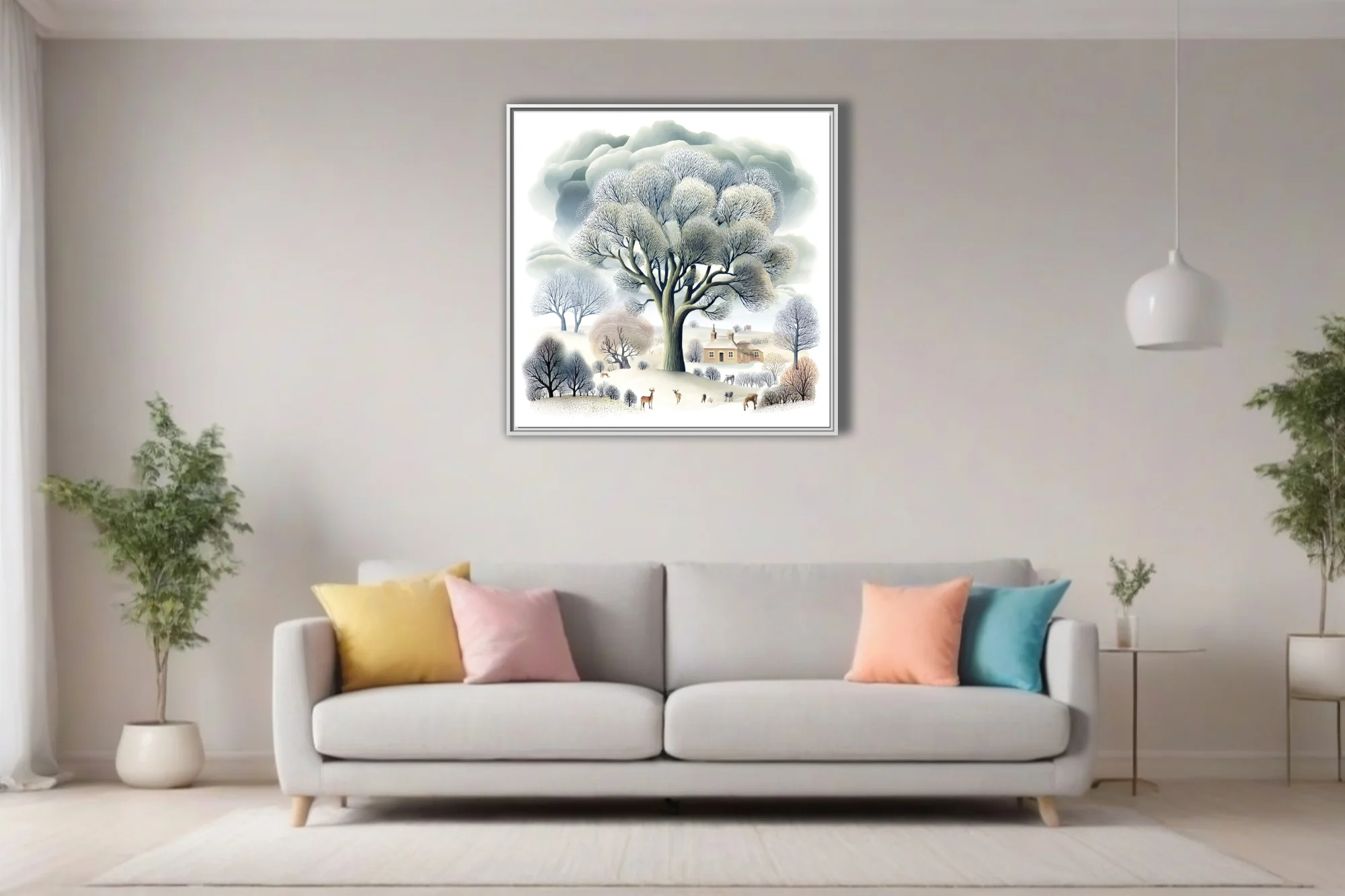Folk-style winter countryside illustration, bare trees and snow, muted grey and cream palette