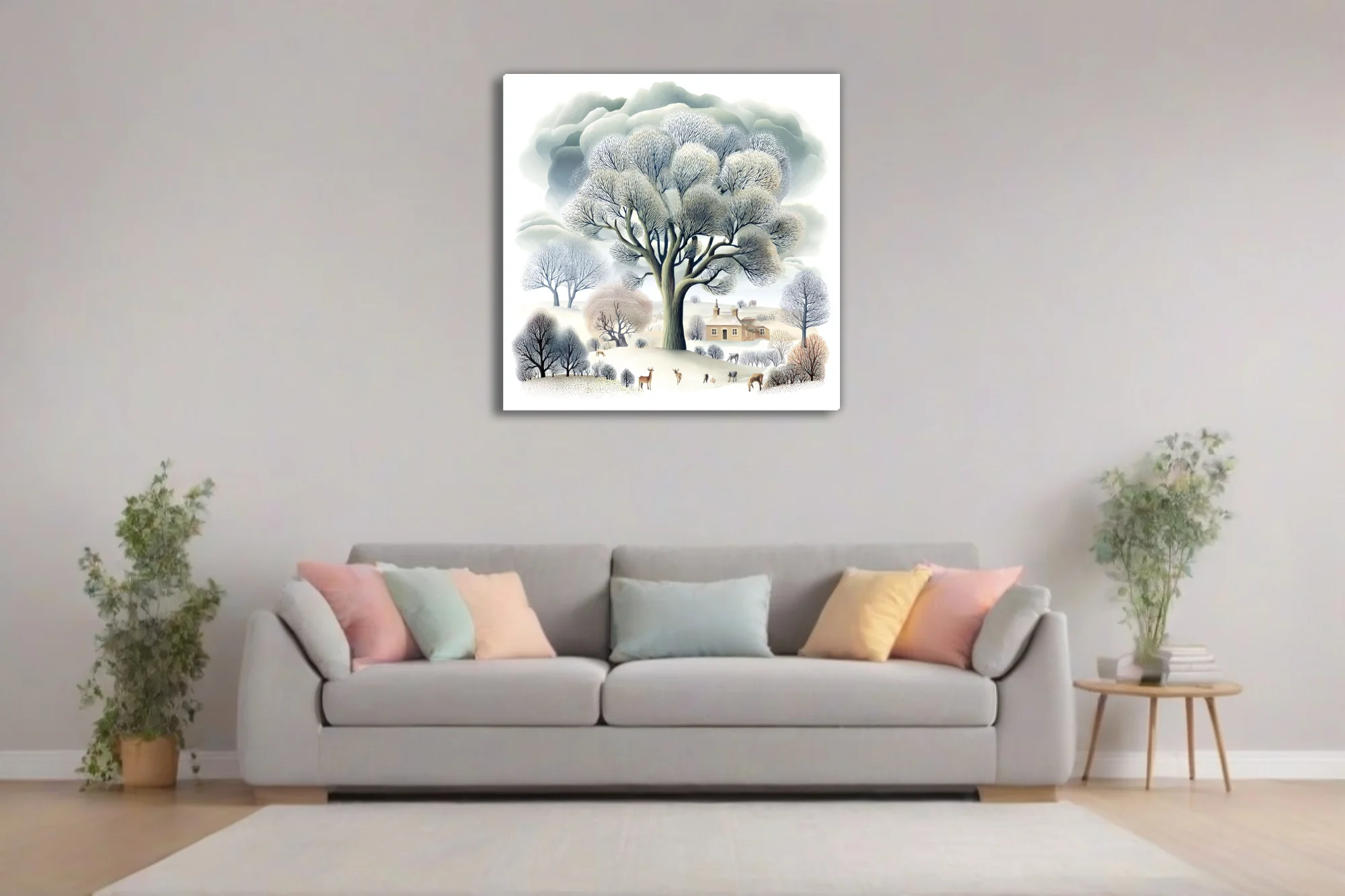 Folk-style winter countryside illustration, bare trees and snow, muted grey and cream palette