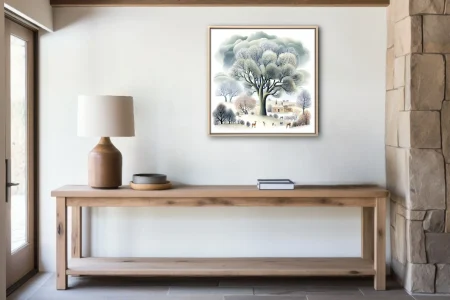 Folk-style winter countryside illustration, bare trees and snow, muted grey and cream palette