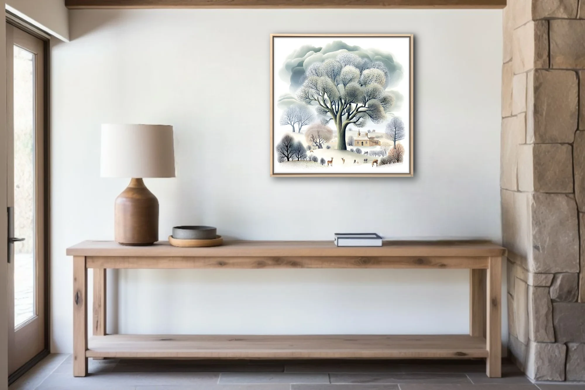 Folk-style winter countryside illustration, bare trees and snow, muted grey and cream palette