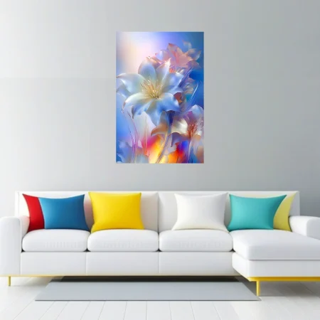 Crystalline abstract lily flowers in iridescent blue and white