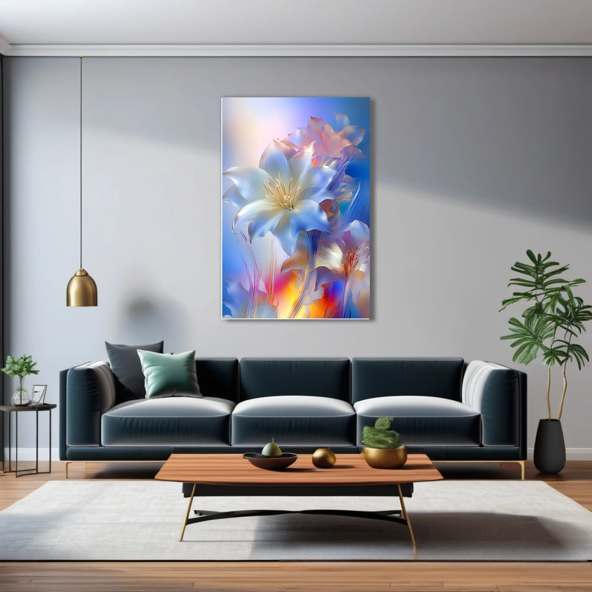 Crystalline abstract lily flowers in iridescent blue and white