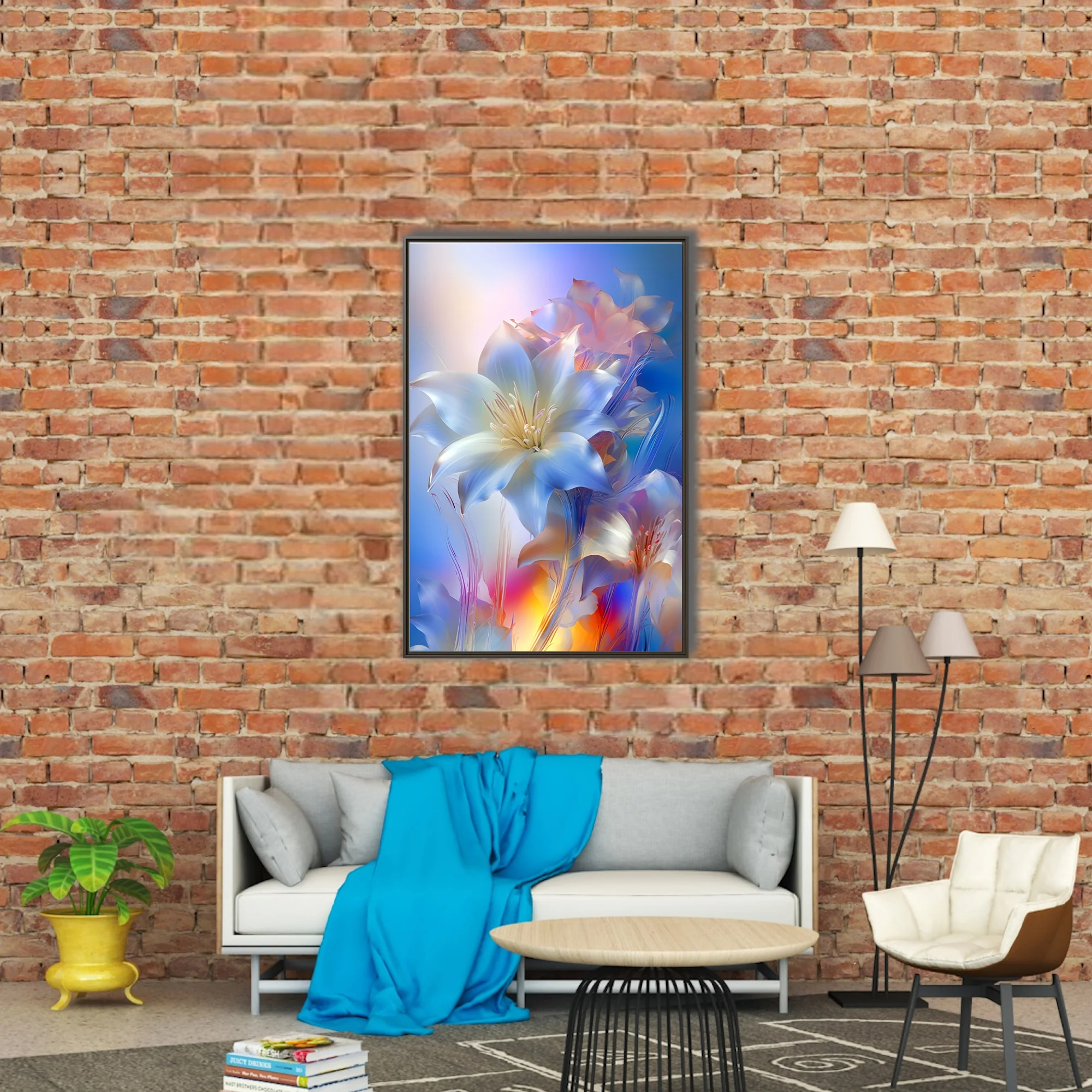 Crystalline abstract lily flowers in iridescent blue and white