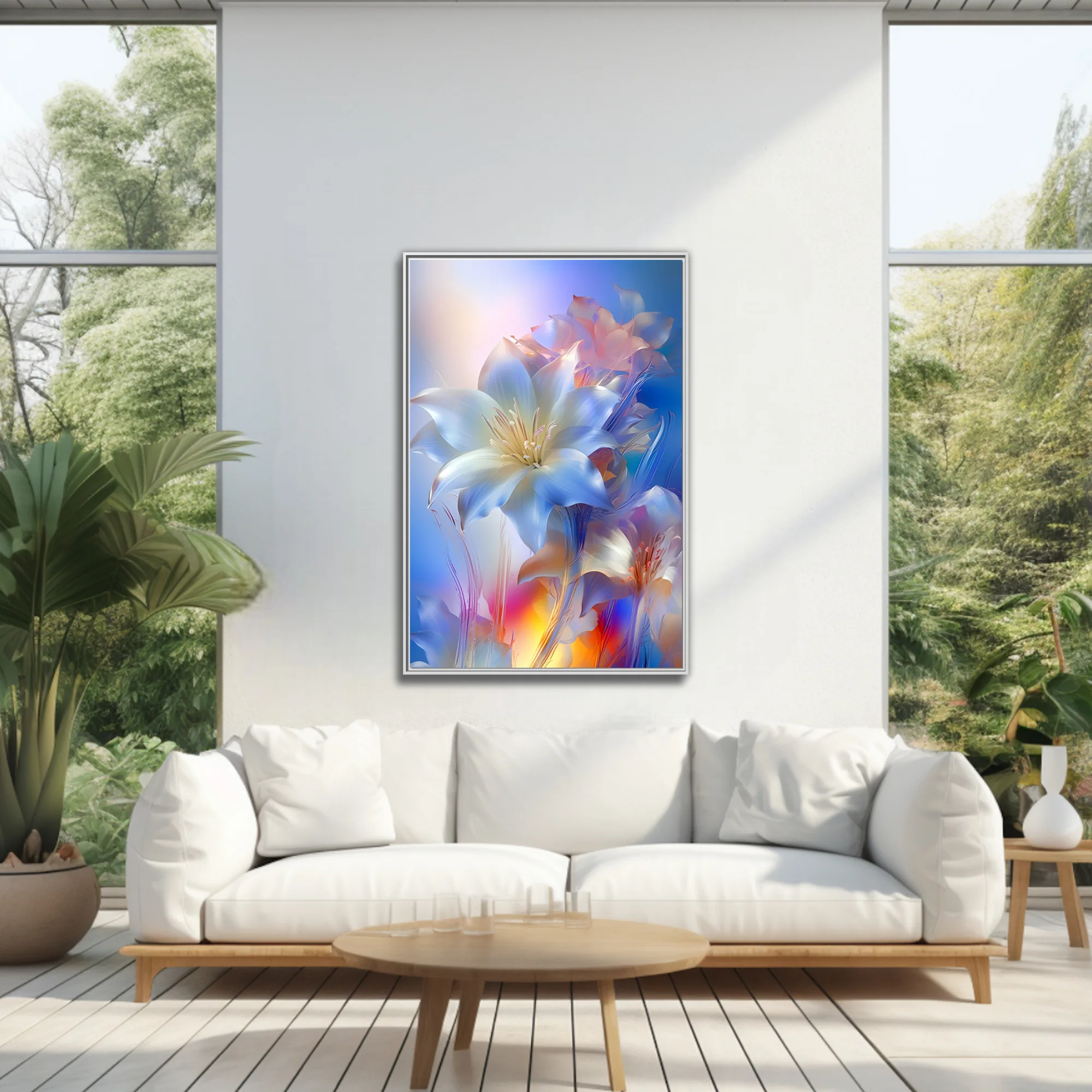 Crystalline abstract lily flowers in iridescent blue and white