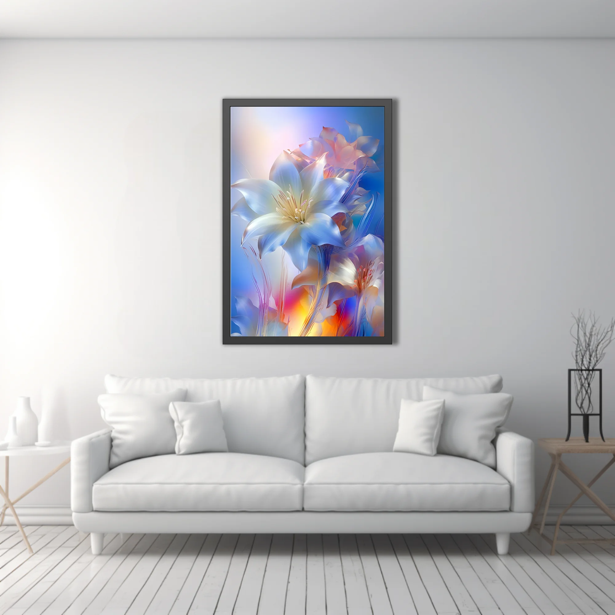 Crystalline abstract lily flowers in iridescent blue and white