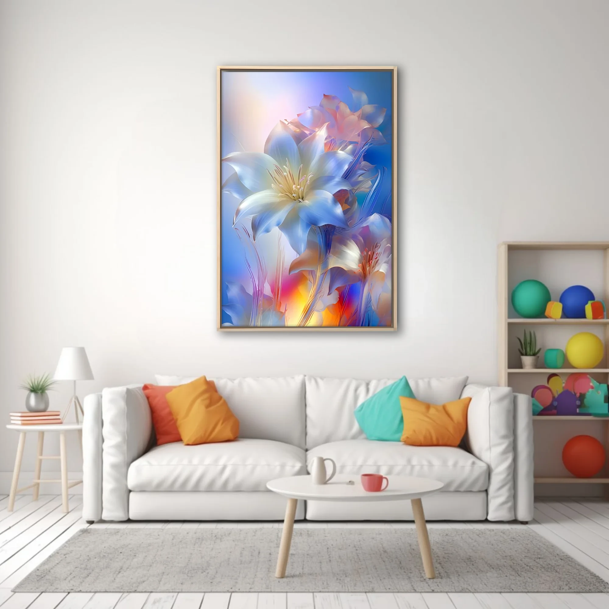 Crystalline abstract lily flowers in iridescent blue and white