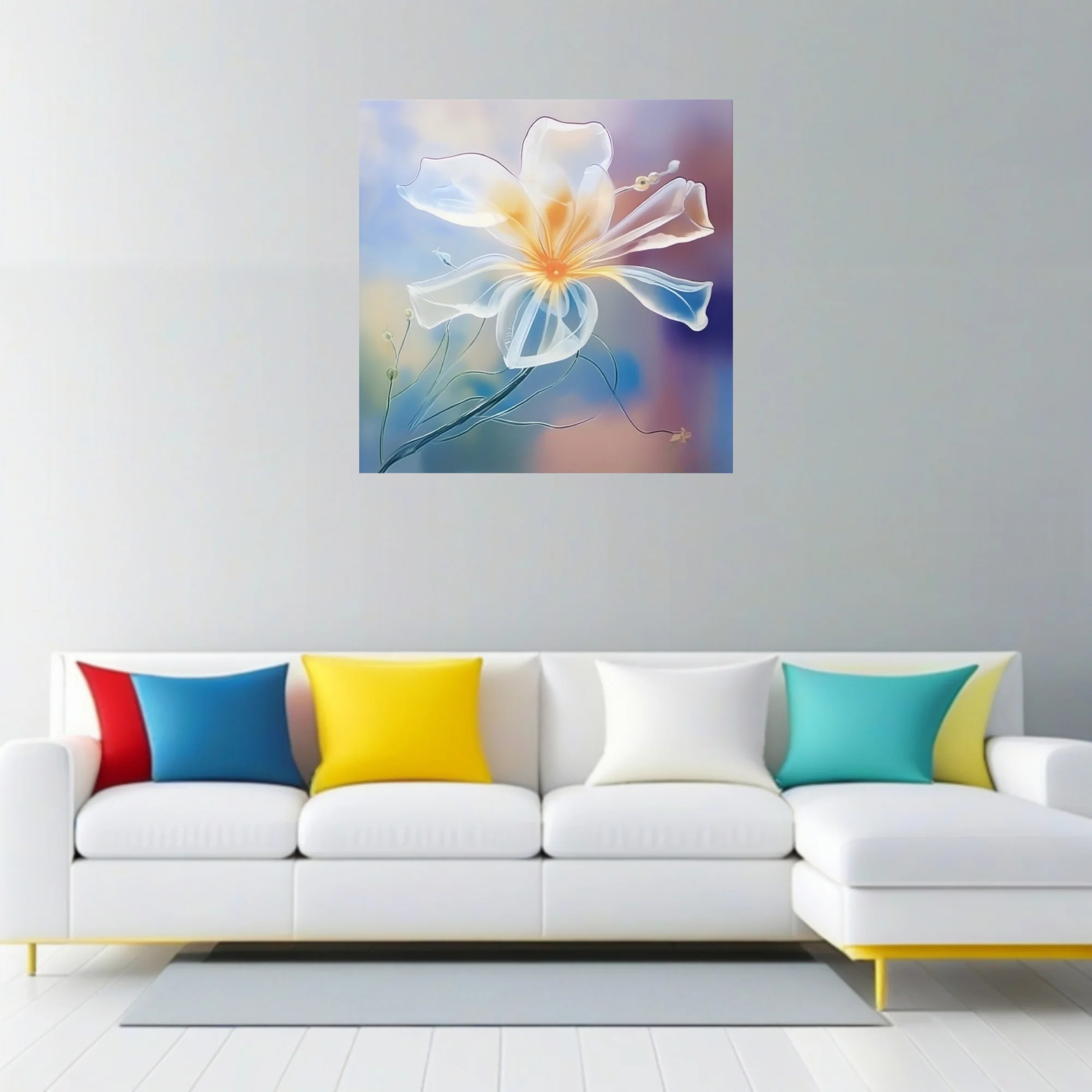 Translucent abstract flower watercolor-style art, glowing amber center, pastel blue and mauve gradient