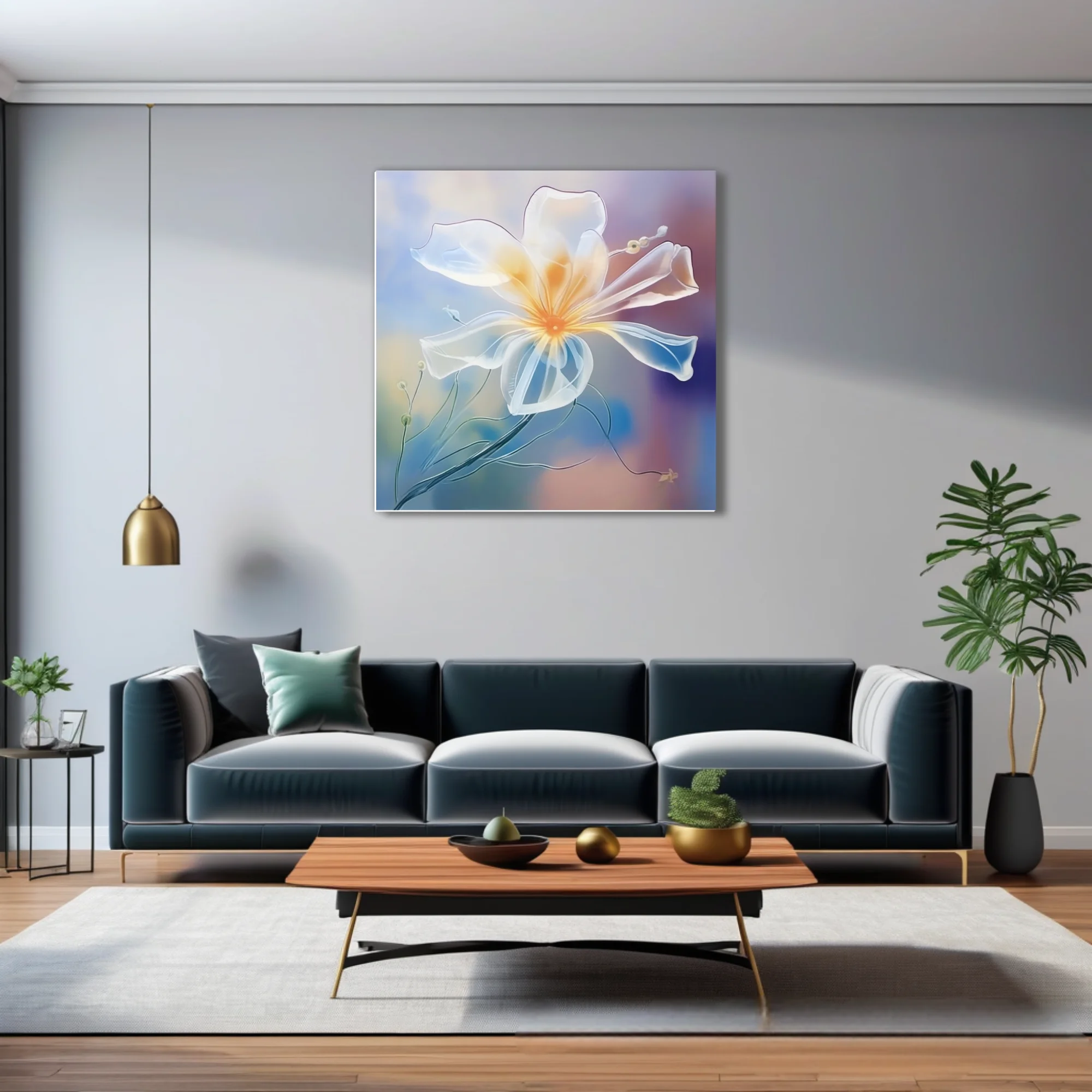 Translucent abstract flower watercolor-style art, glowing amber center, pastel blue and mauve gradient