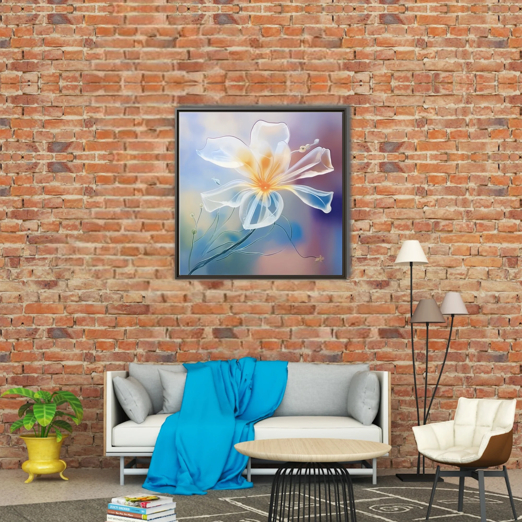 Translucent abstract flower watercolor-style art, glowing amber center, pastel blue and mauve gradient
