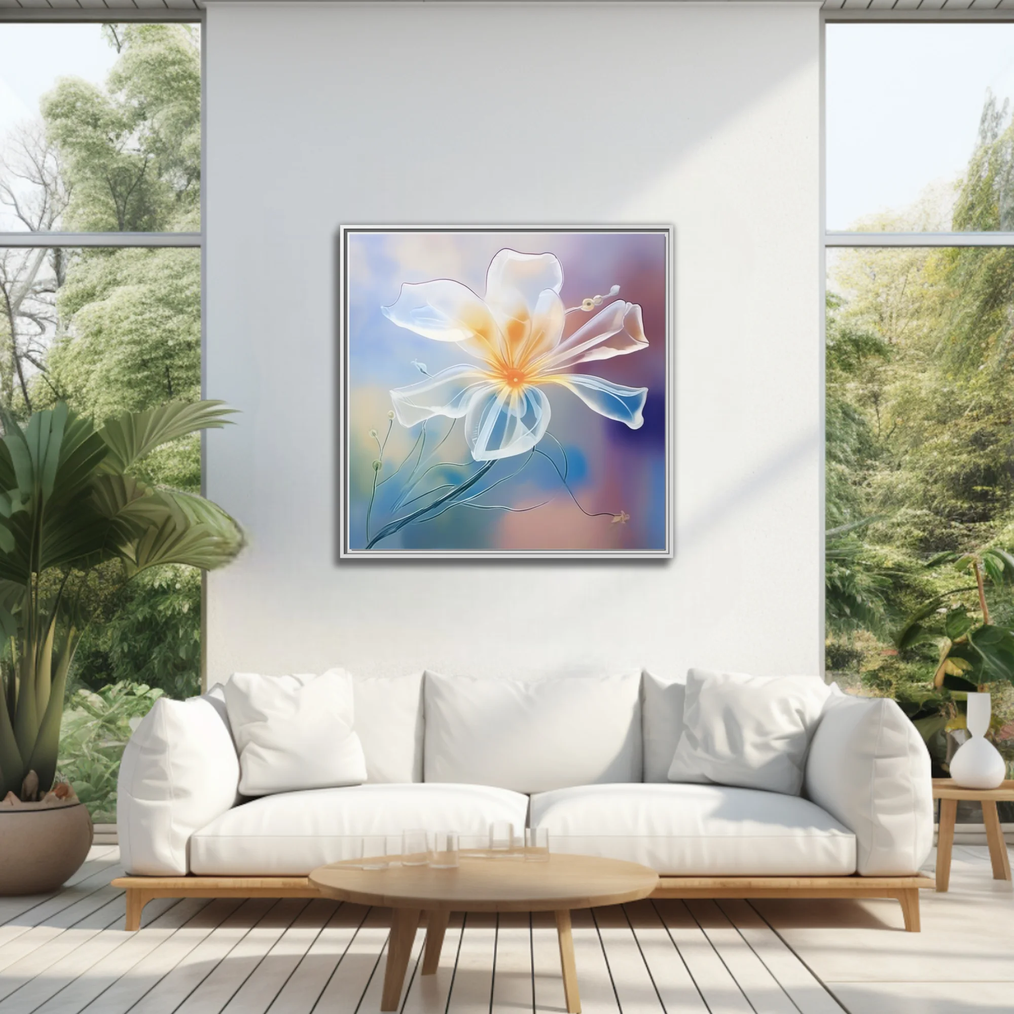 Translucent abstract flower watercolor-style art, glowing amber center, pastel blue and mauve gradient
