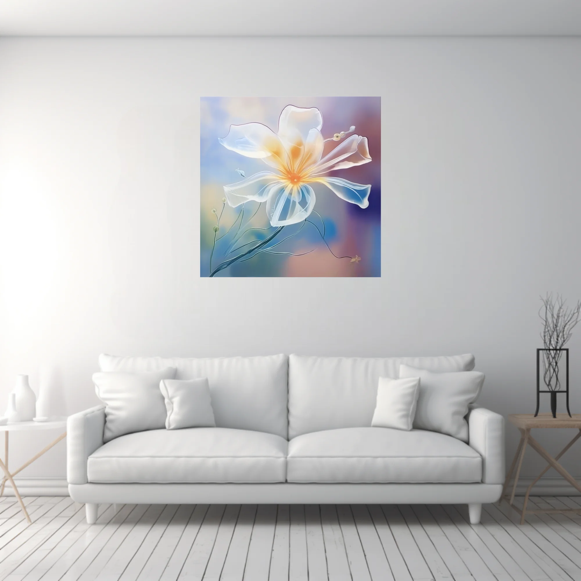 Translucent abstract flower watercolor-style art, glowing amber center, pastel blue and mauve gradient