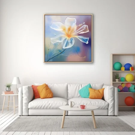 Translucent abstract flower watercolor-style art, glowing amber center, pastel blue and mauve gradient