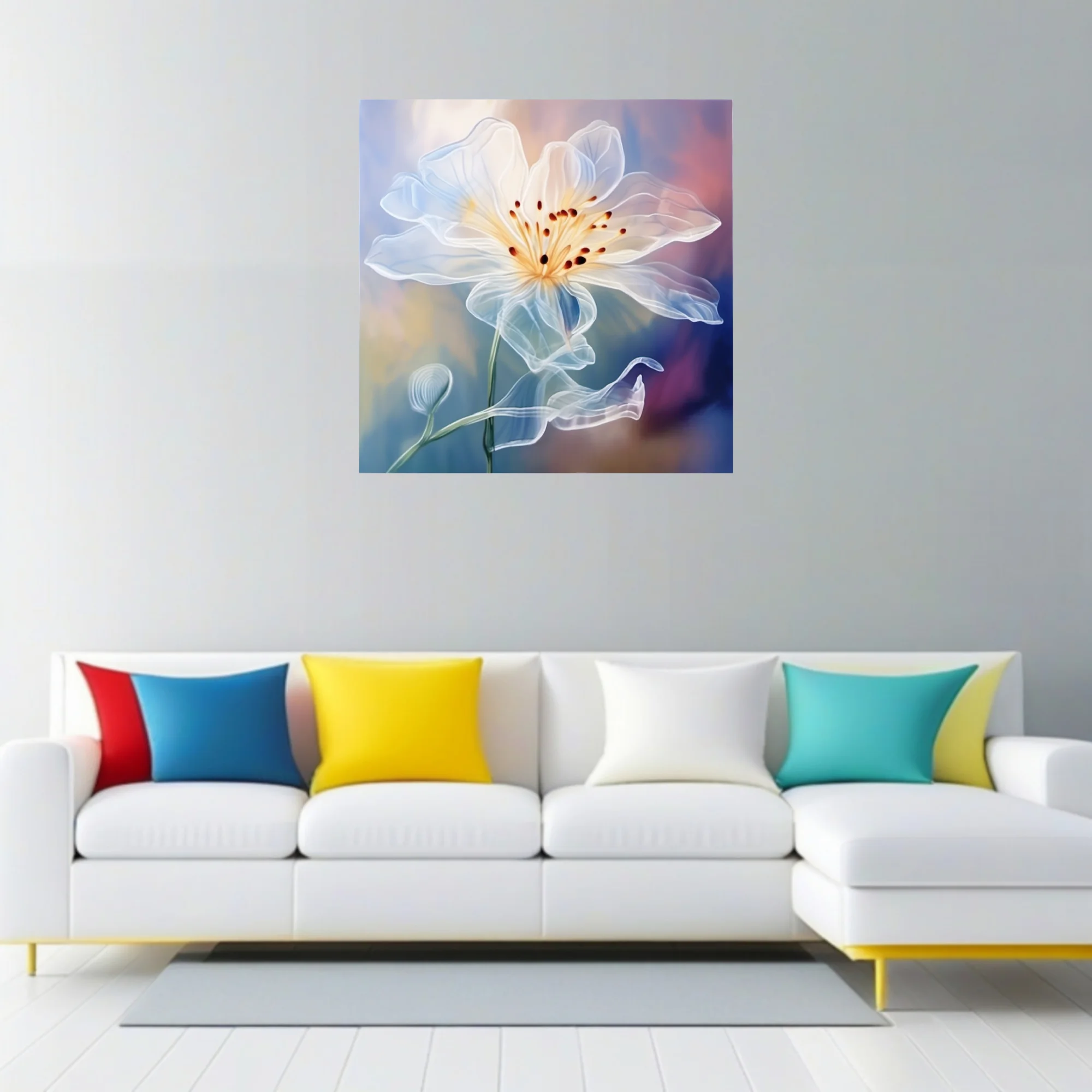 Translucent white floral art with golden center, dreamy watercolor-effect, pastel background