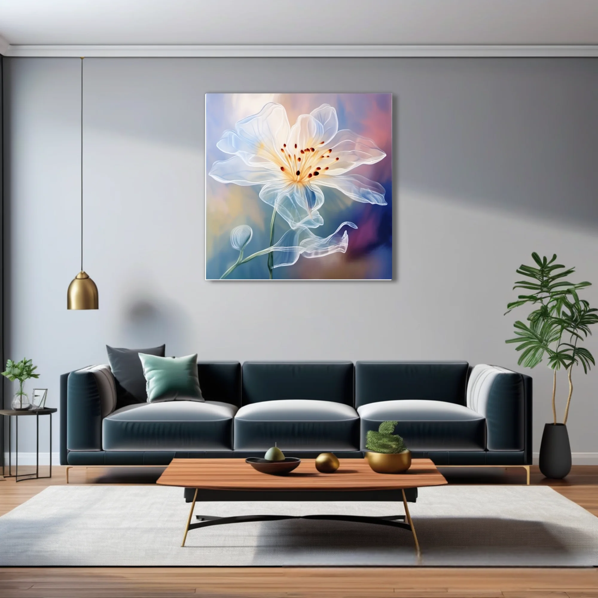 Translucent white floral art with golden center, dreamy watercolor-effect, pastel background