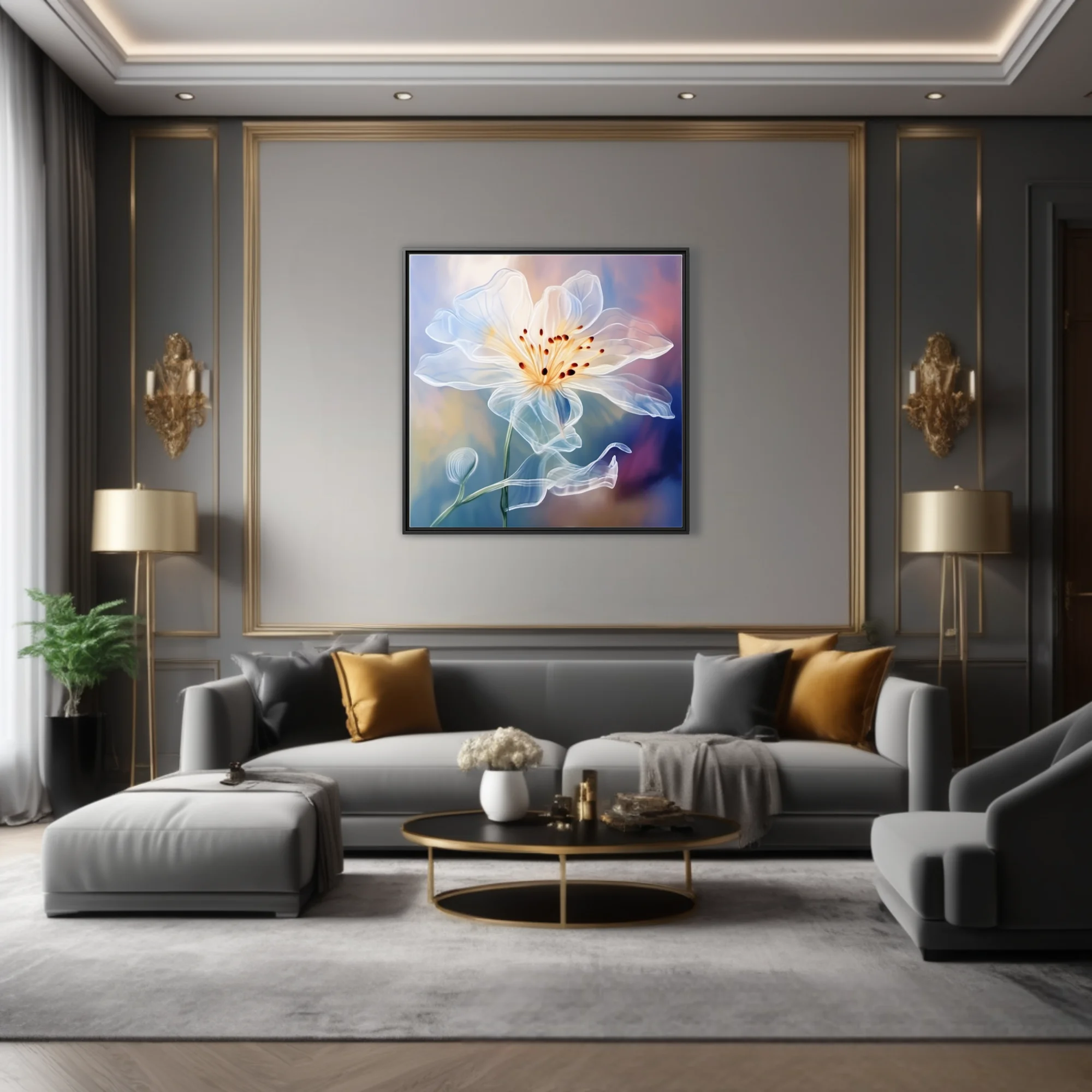 Translucent white floral art with golden center, dreamy watercolor-effect, pastel background