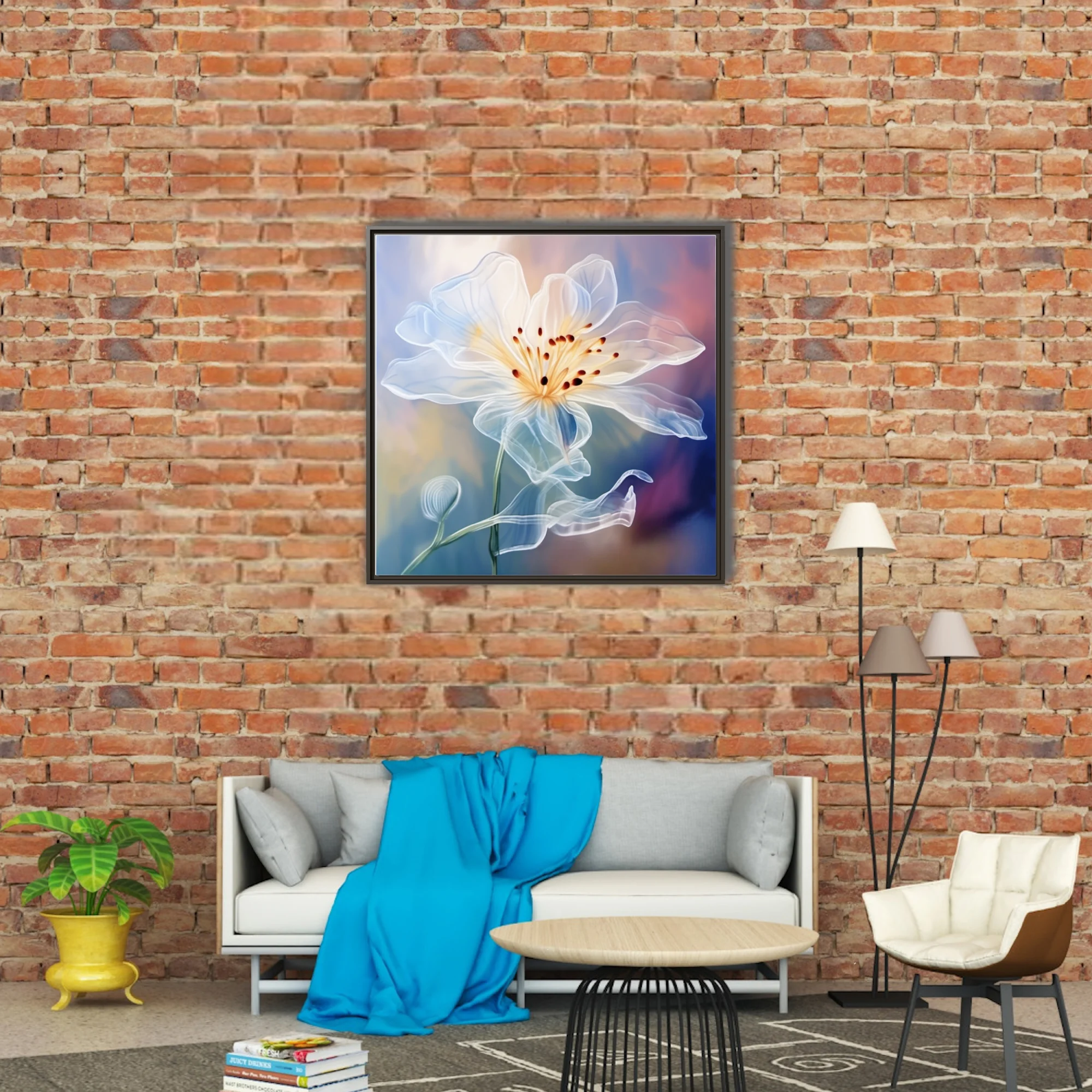Translucent white floral art with golden center, dreamy watercolor-effect, pastel background