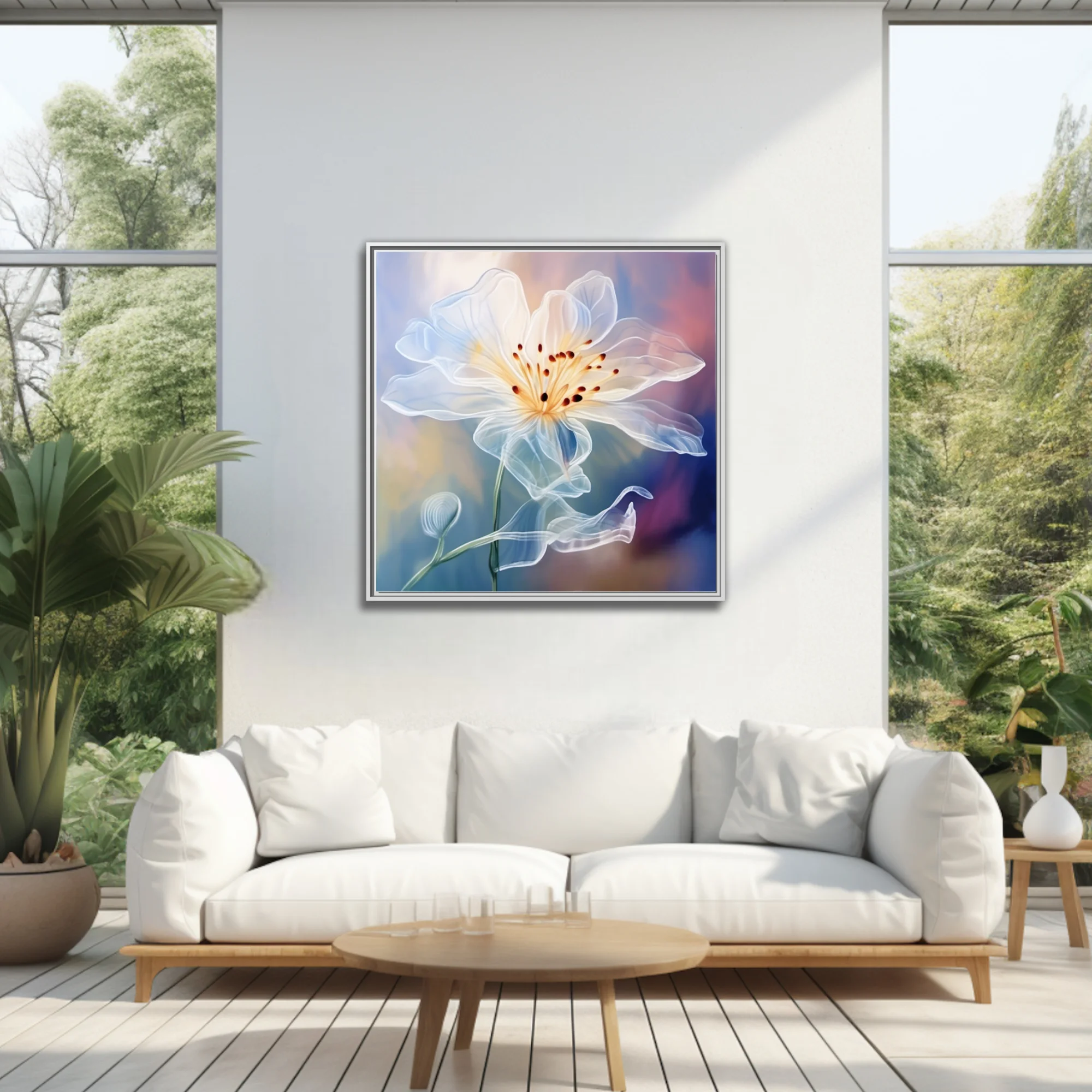 Translucent white floral art with golden center, dreamy watercolor-effect, pastel background