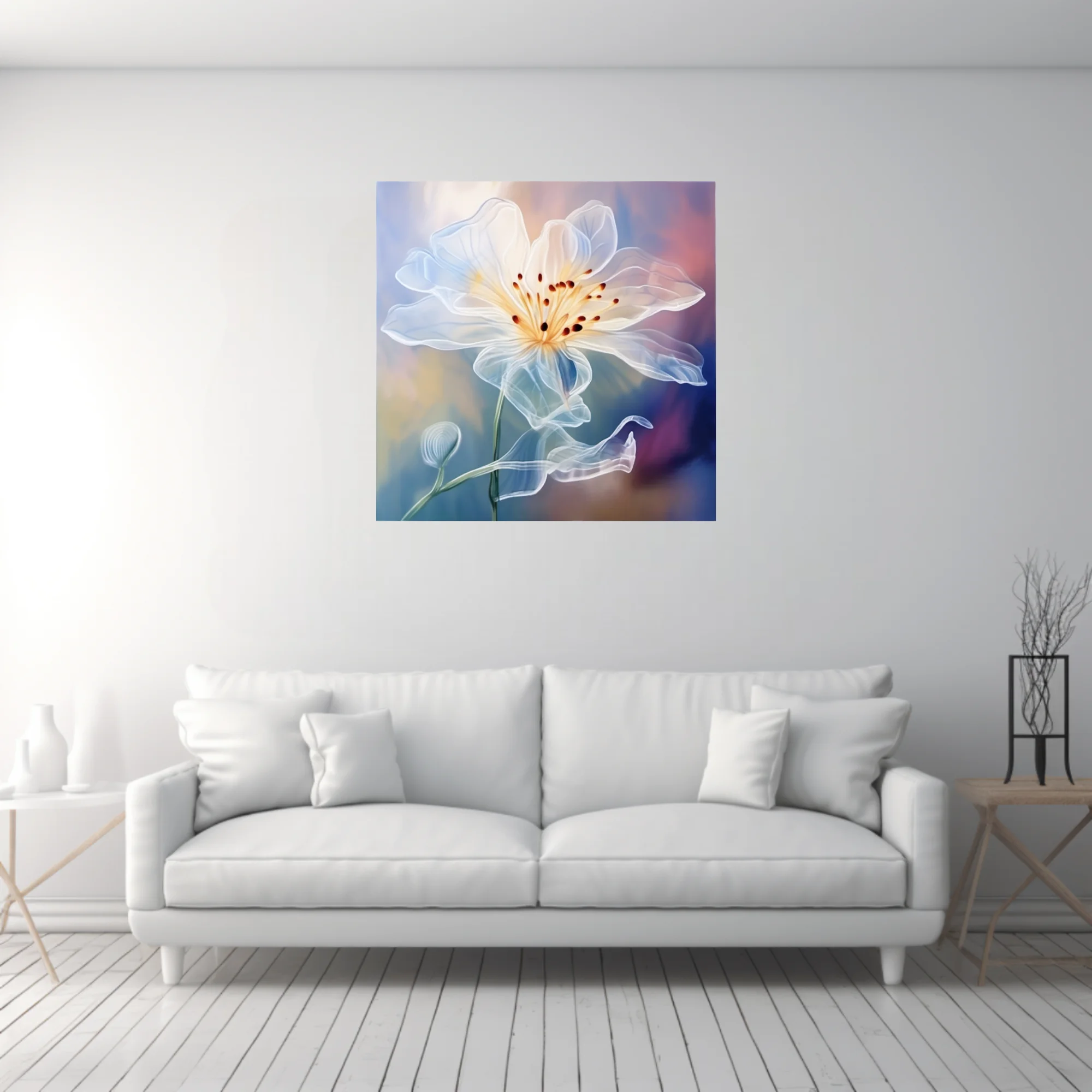 Translucent white floral art with golden center, dreamy watercolor-effect, pastel background