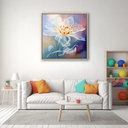 Translucent white floral art with golden center, dreamy watercolor-effect, pastel background