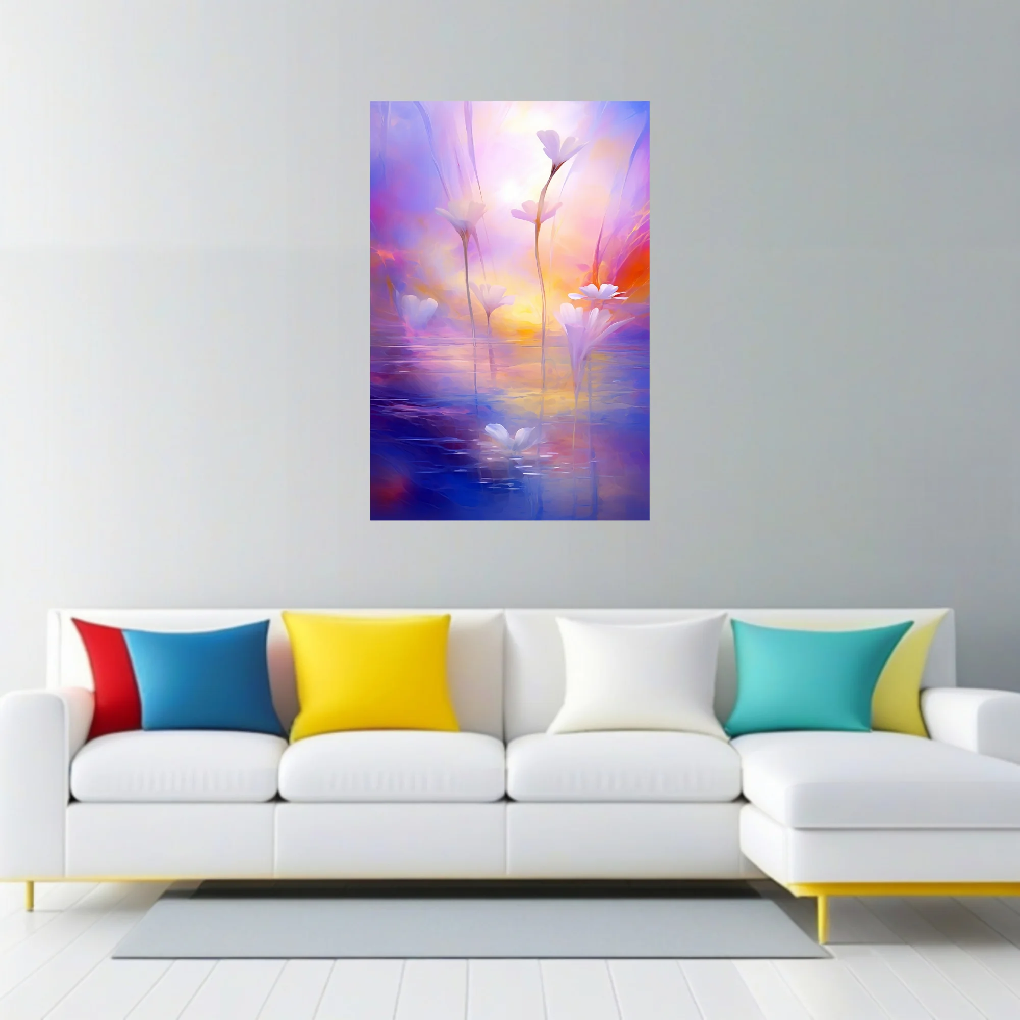 Dreamy soft-focus floral artwork with white blossoms over water in violet, pink, and golden pastel tones