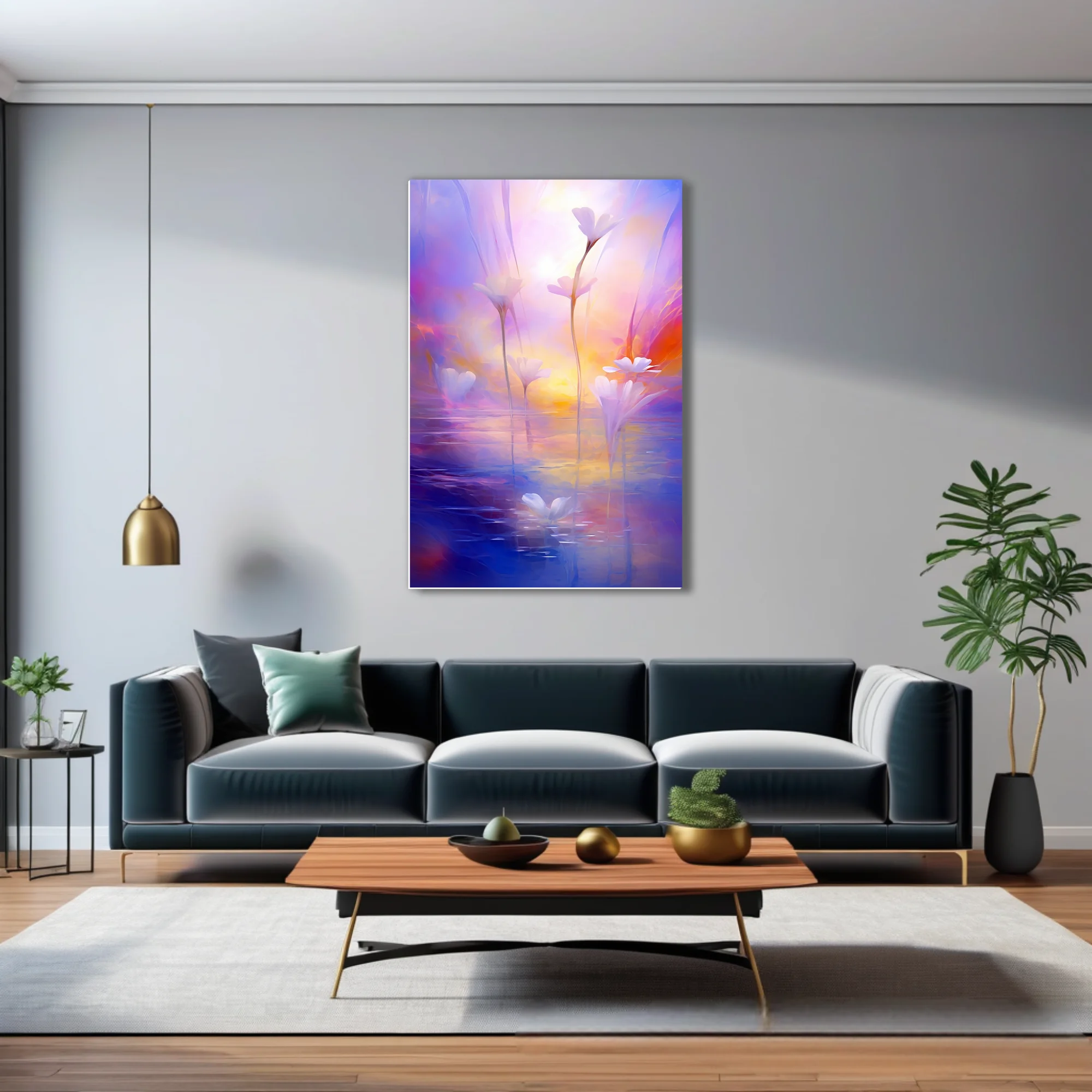 Dreamy soft-focus floral artwork with white blossoms over water in violet, pink, and golden pastel tones