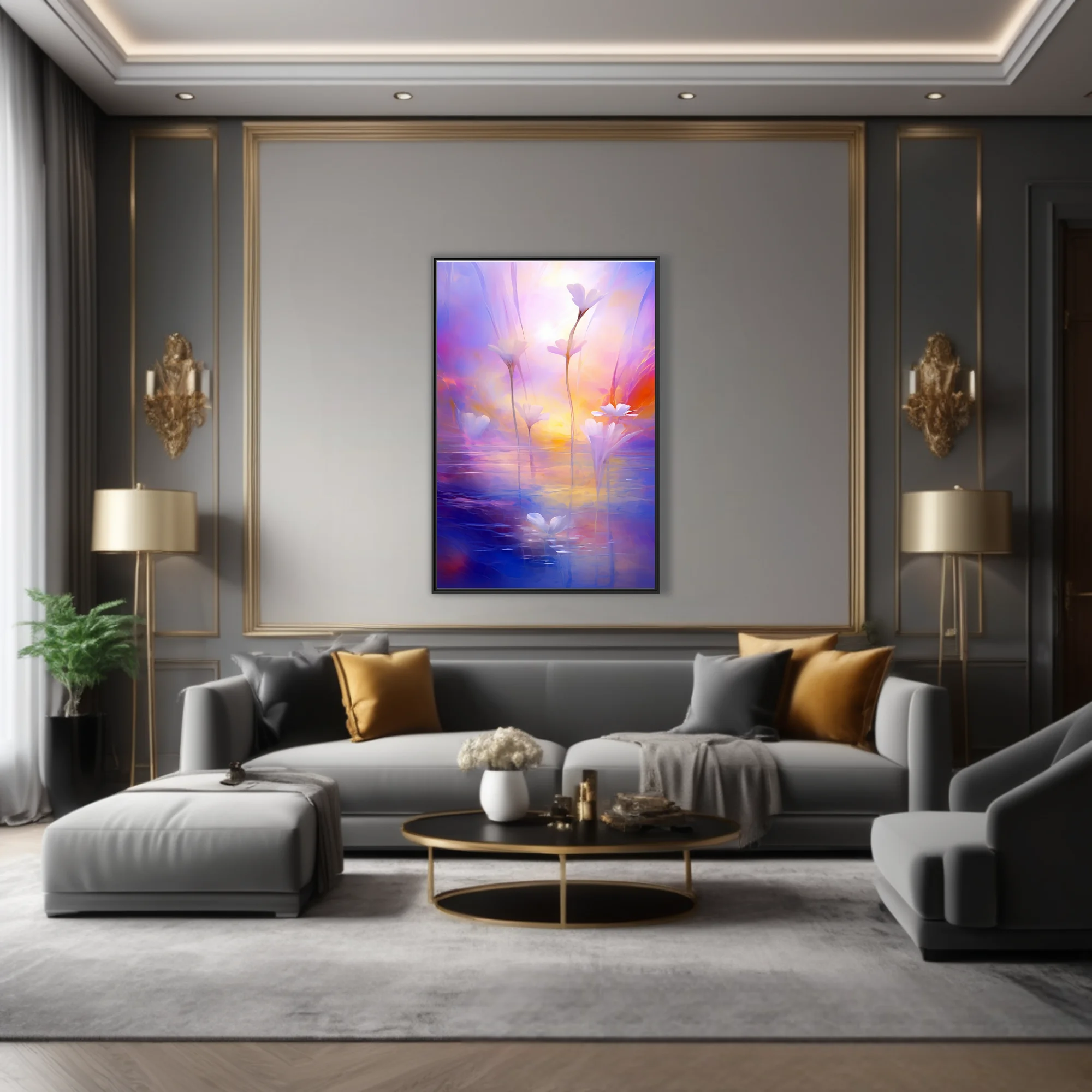Dreamy soft-focus floral artwork with white blossoms over water in violet, pink, and golden pastel tones