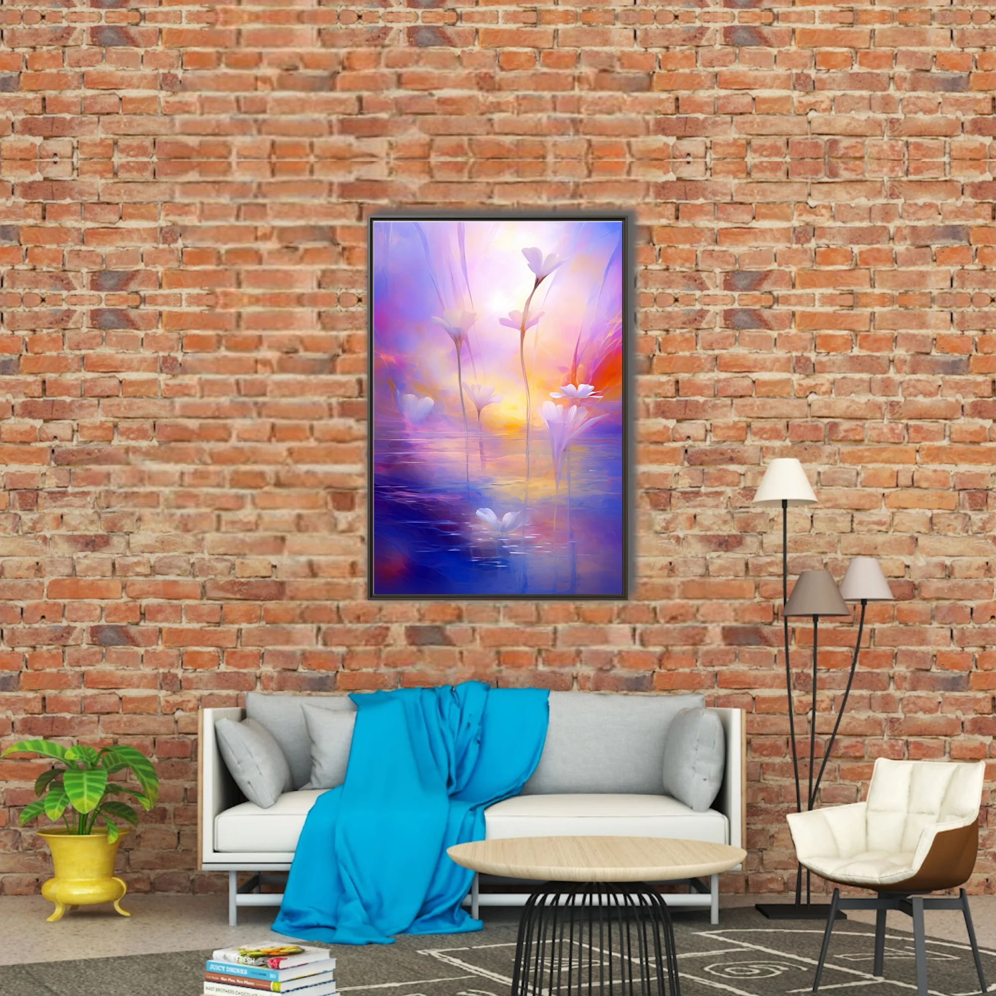 Dreamy soft-focus floral artwork with white blossoms over water in violet, pink, and golden pastel tones