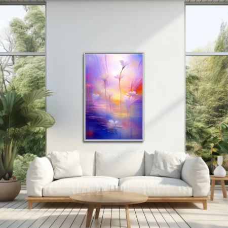 Dreamy soft-focus floral artwork with white blossoms over water in violet, pink, and golden pastel tones