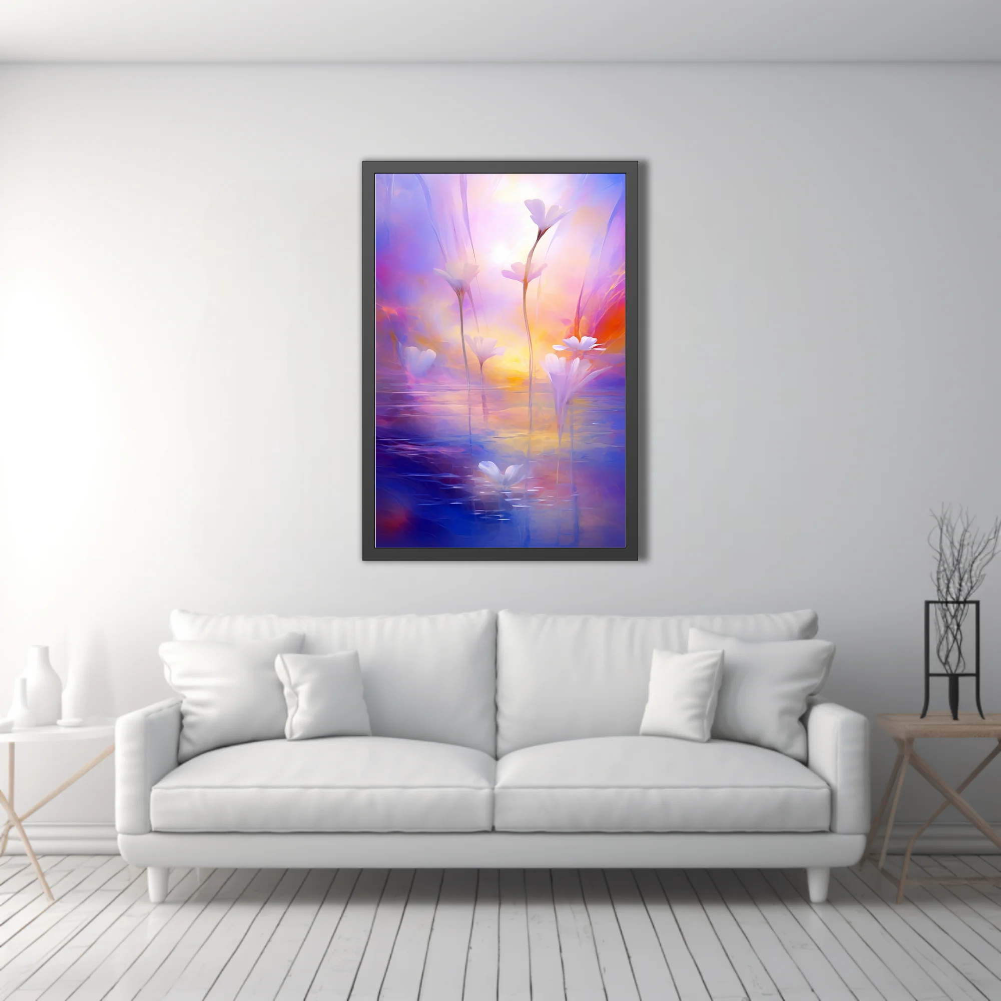 Dreamy soft-focus floral artwork with white blossoms over water in violet, pink, and golden pastel tones