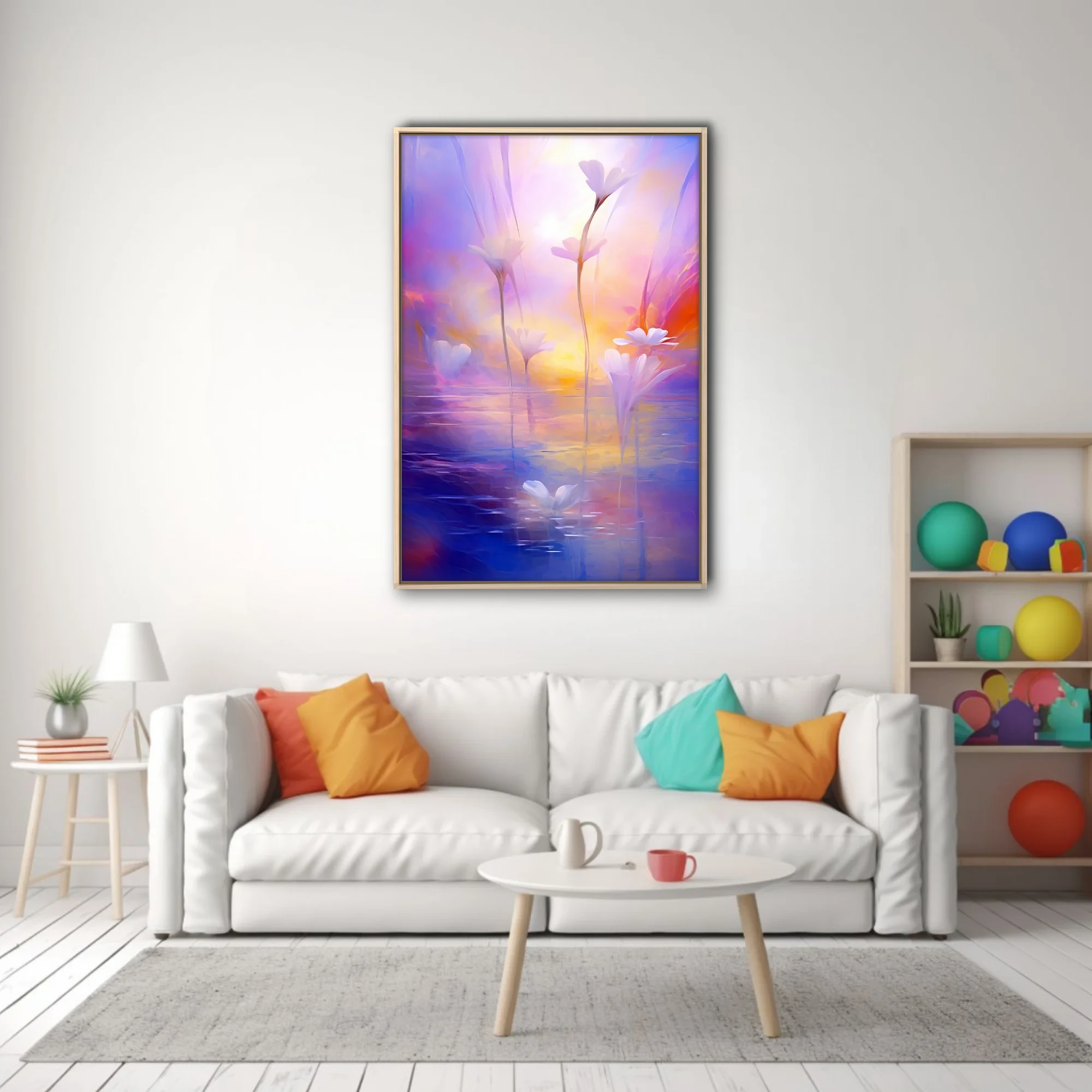 Dreamy soft-focus floral artwork with white blossoms over water in violet, pink, and golden pastel tones