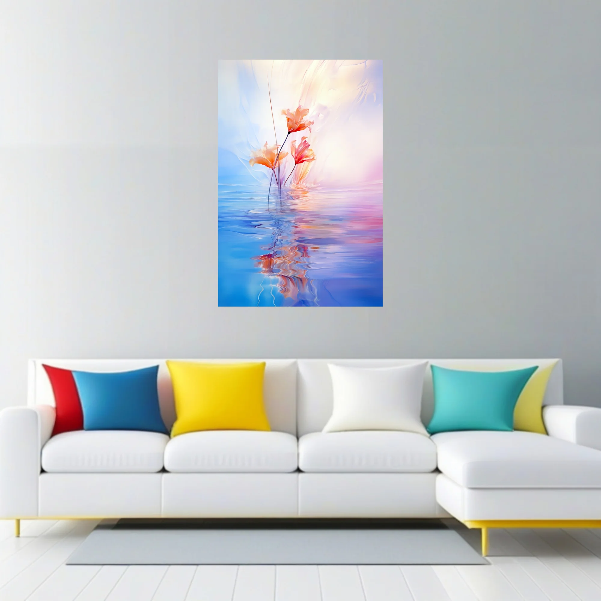 Dreamy abstract floral with coral blooms reflected in pastel blue and pink water, soft-focus style