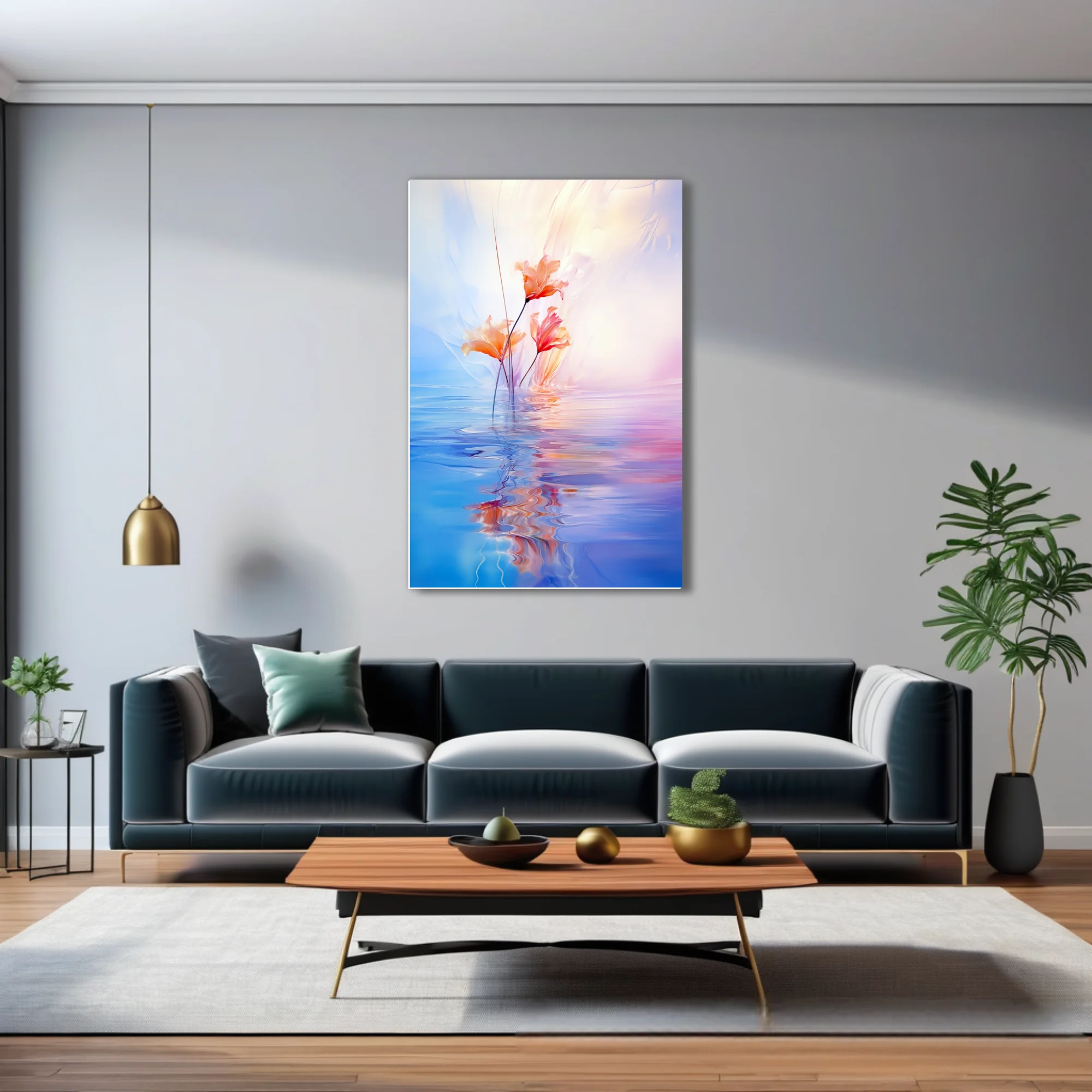 Dreamy abstract floral with coral blooms reflected in pastel blue and pink water, soft-focus style