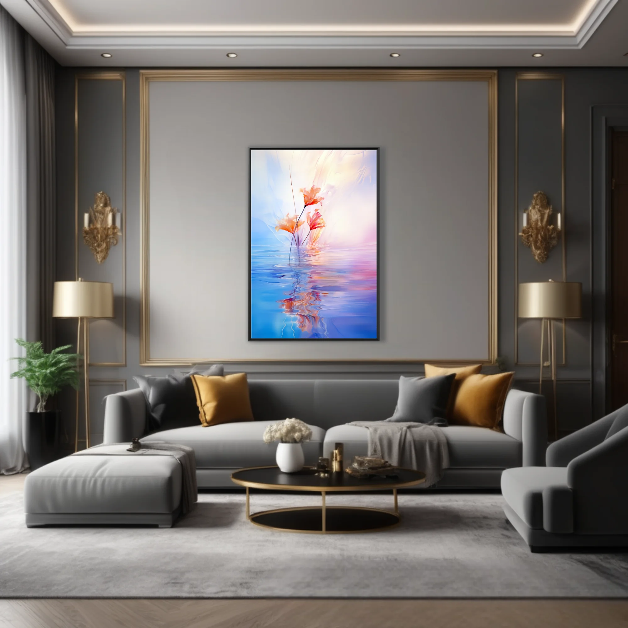 Dreamy abstract floral with coral blooms reflected in pastel blue and pink water, soft-focus style