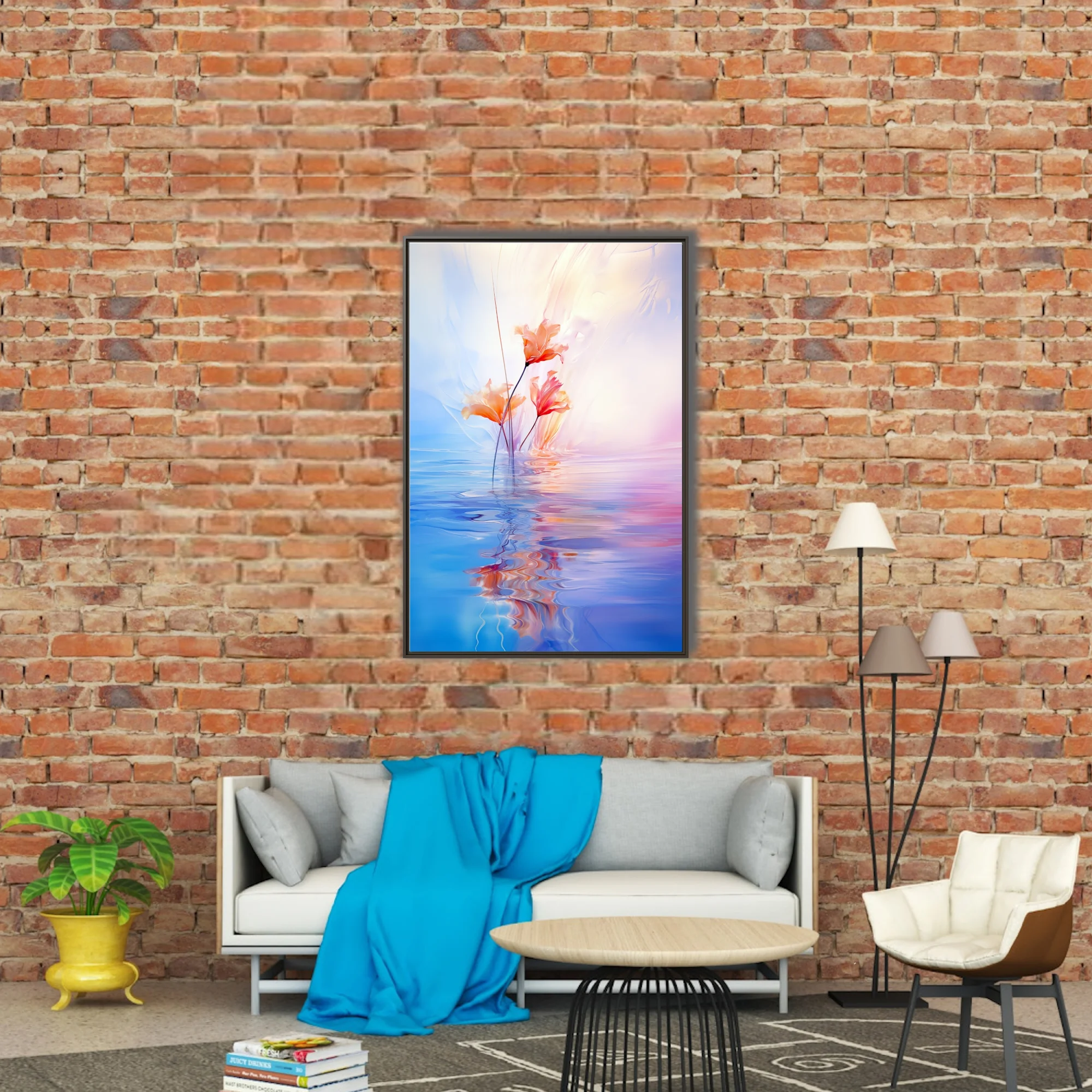 Dreamy abstract floral with coral blooms reflected in pastel blue and pink water, soft-focus style