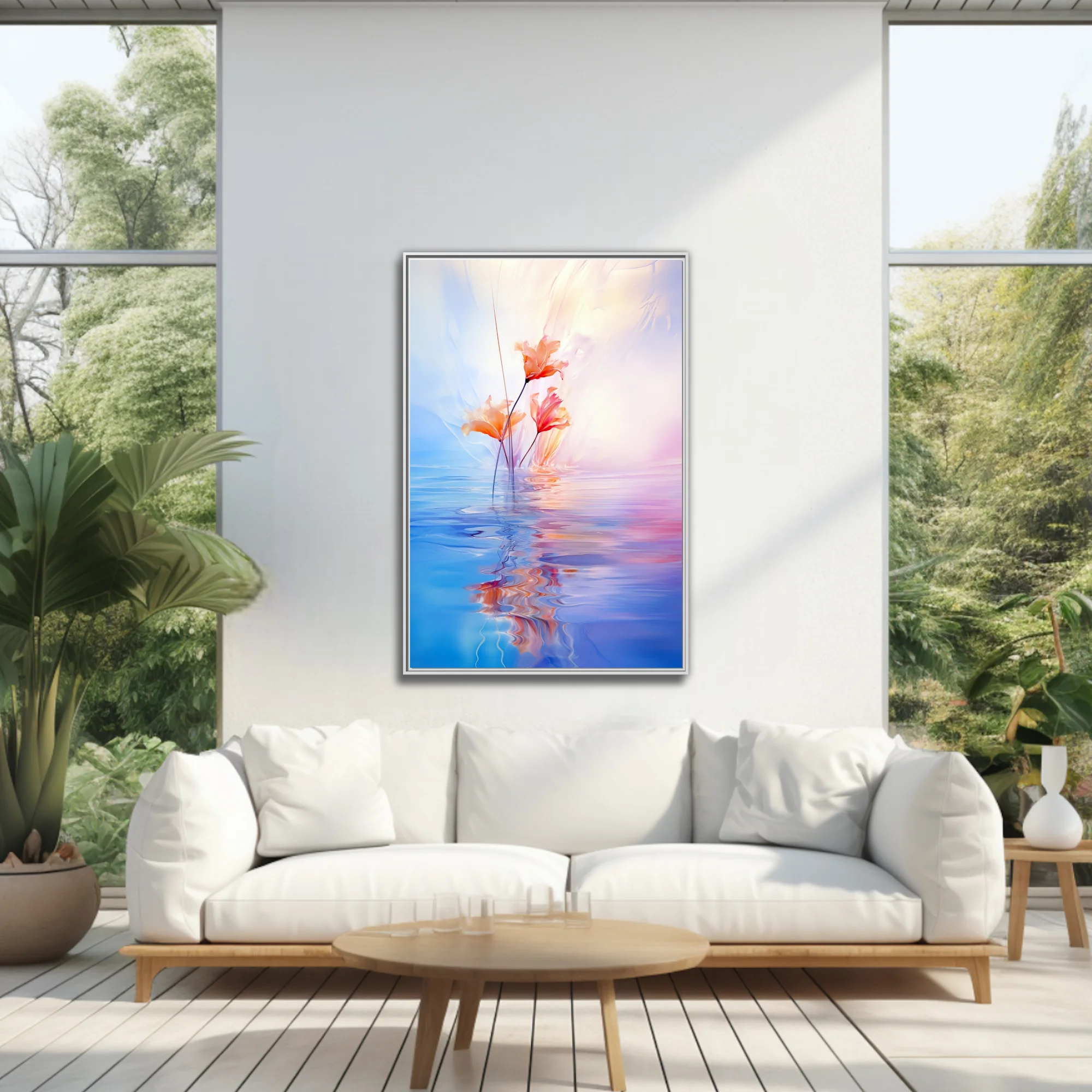 Dreamy abstract floral with coral blooms reflected in pastel blue and pink water, soft-focus style