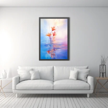 Dreamy abstract floral with coral blooms reflected in pastel blue and pink water, soft-focus style
