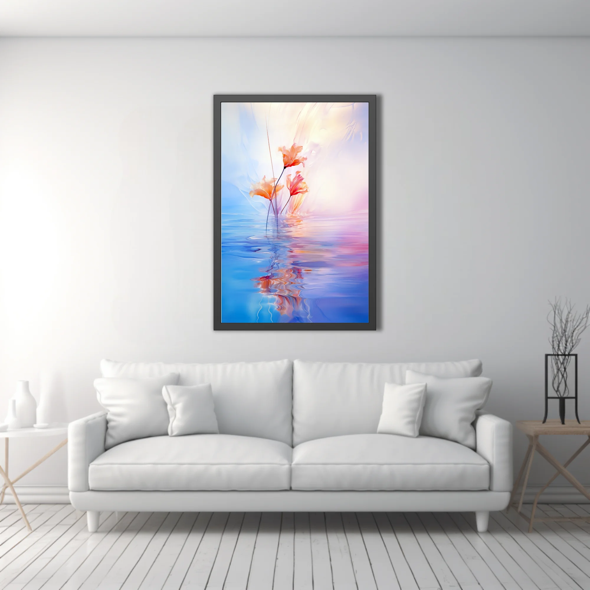 Dreamy abstract floral with coral blooms reflected in pastel blue and pink water, soft-focus style