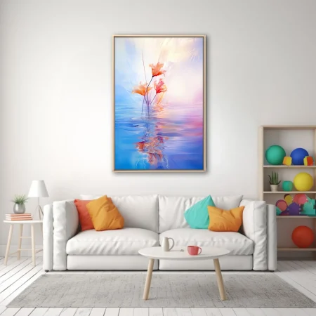Dreamy abstract floral with coral blooms reflected in pastel blue and pink water, soft-focus style