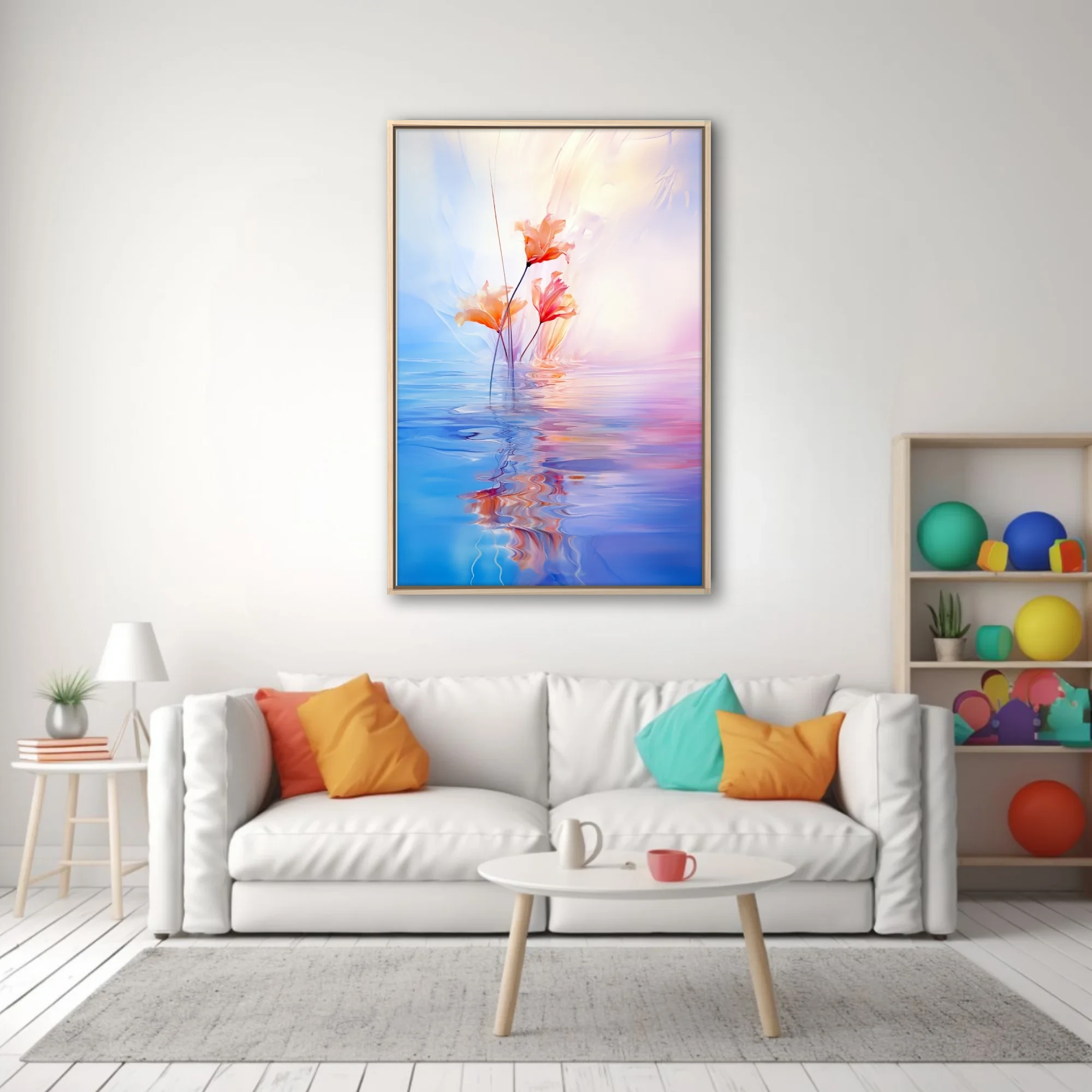 Dreamy abstract floral with coral blooms reflected in pastel blue and pink water, soft-focus style