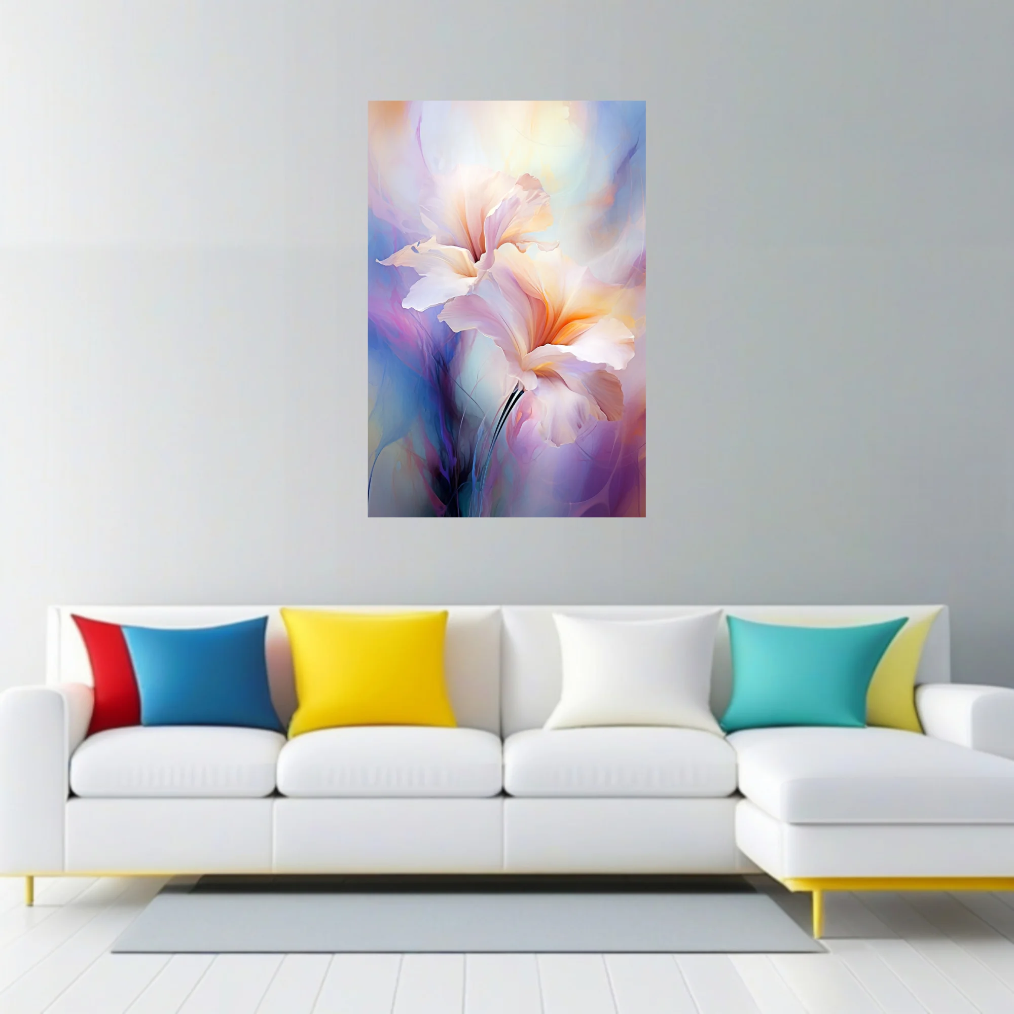 Watercolor-style abstract floral art with luminous pastel petals and soft ethereal glow