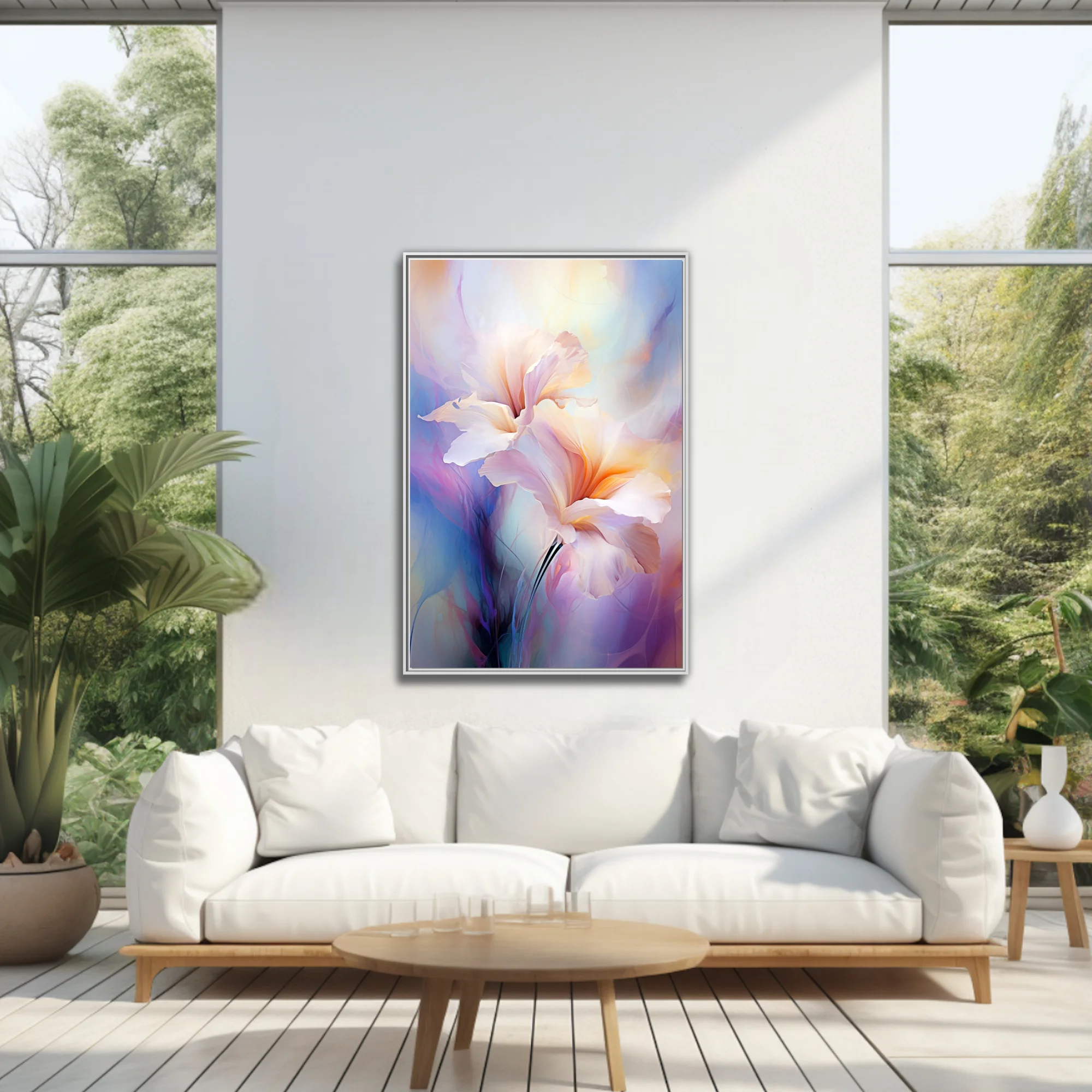 Watercolor-style abstract floral art with luminous pastel petals and soft ethereal glow
