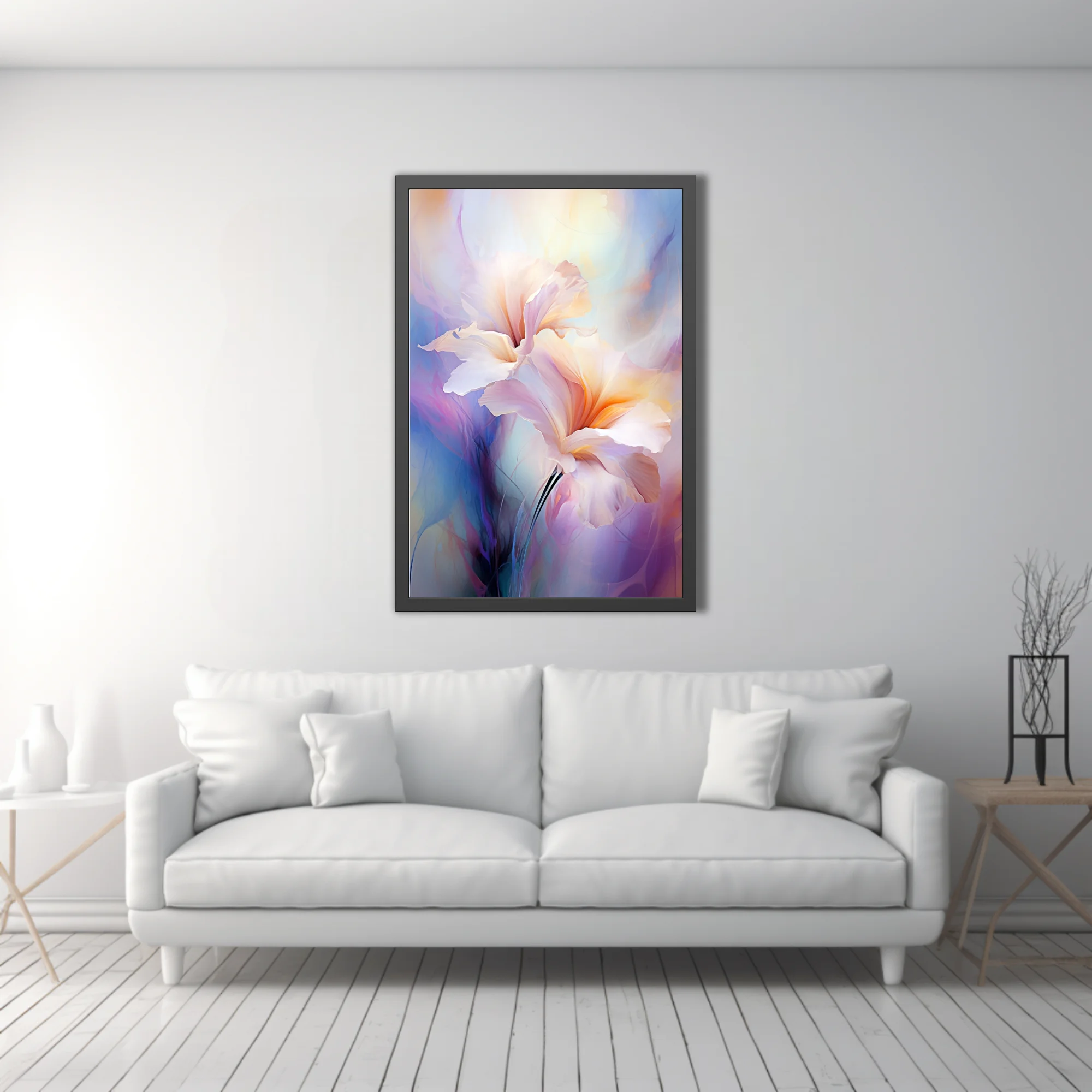 Watercolor-style abstract floral art with luminous pastel petals and soft ethereal glow