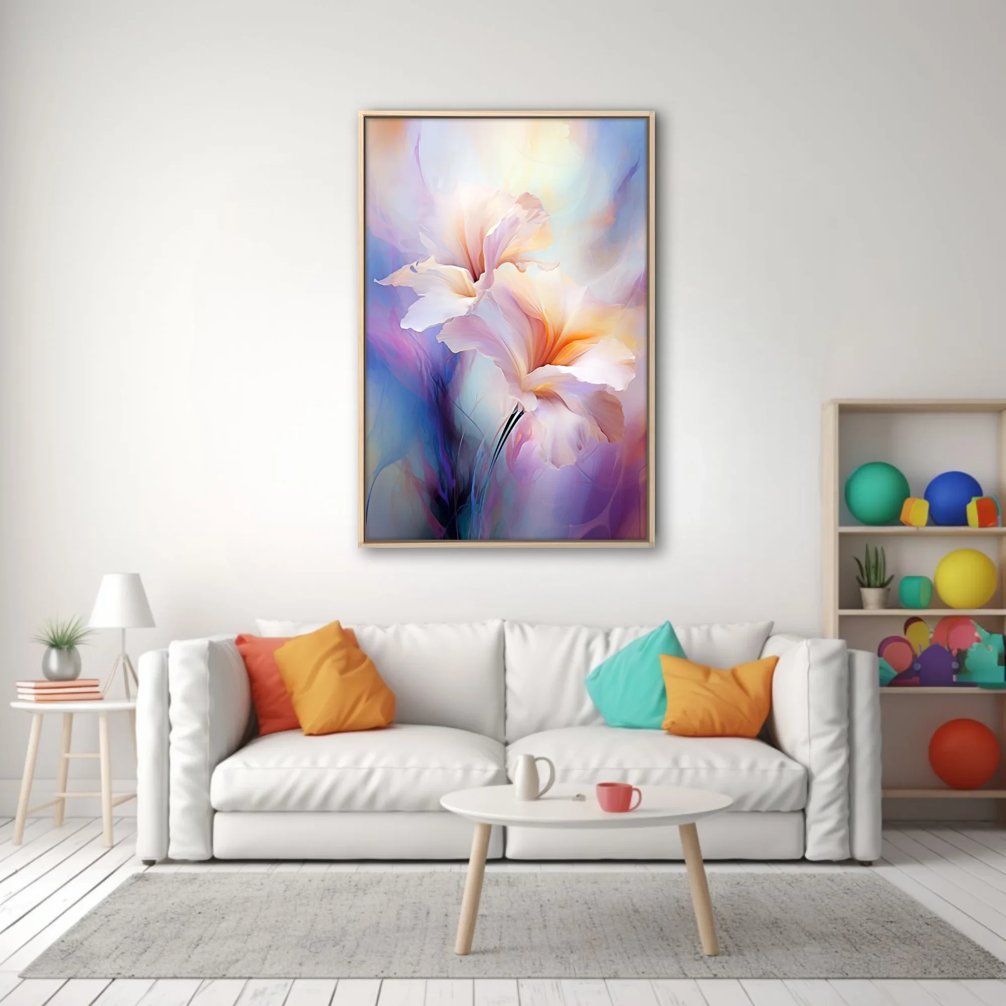 Watercolor-style abstract floral art with luminous pastel petals and soft ethereal glow
